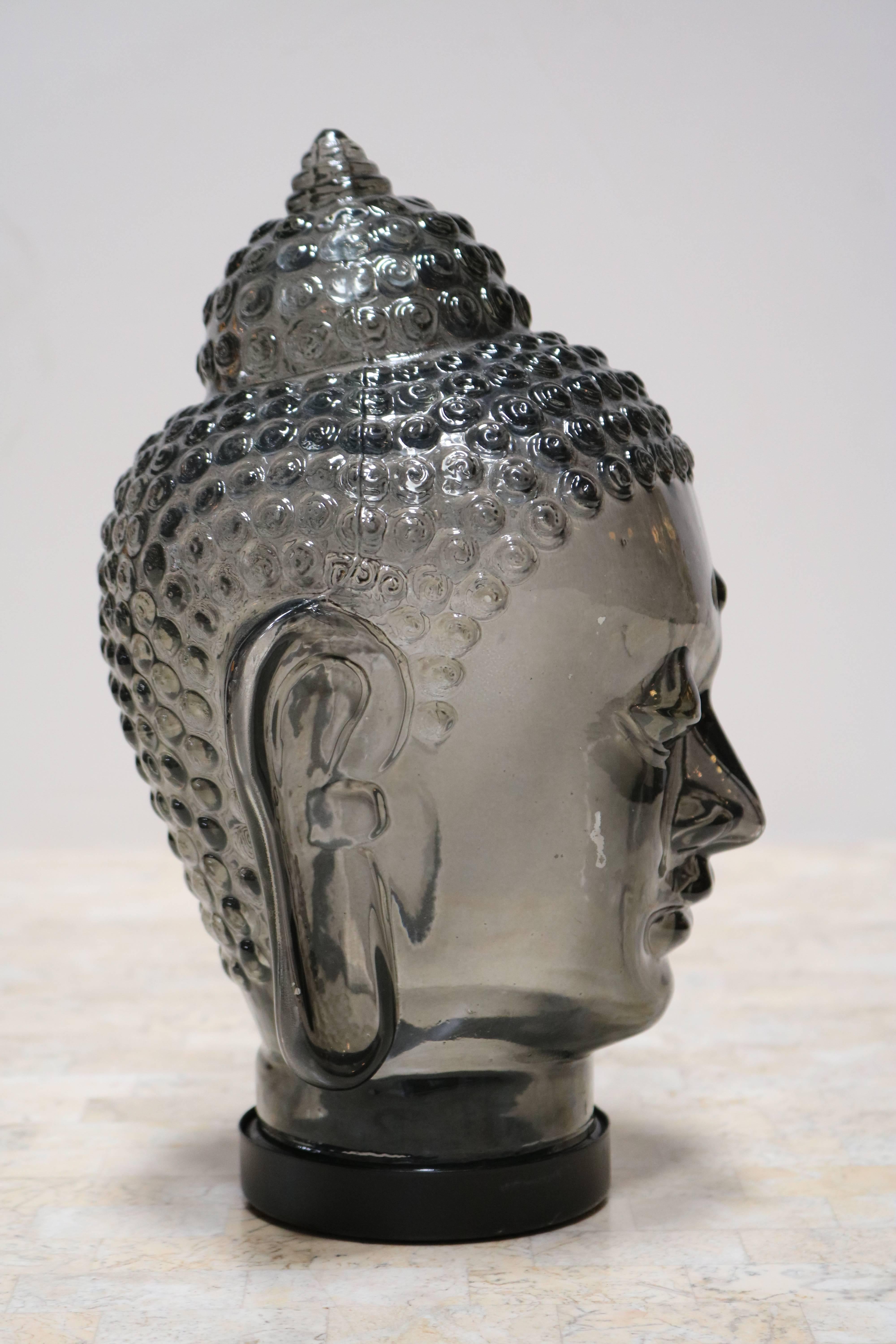 Mid-Century Modern Smoked Glass Buddha Head Sculpture