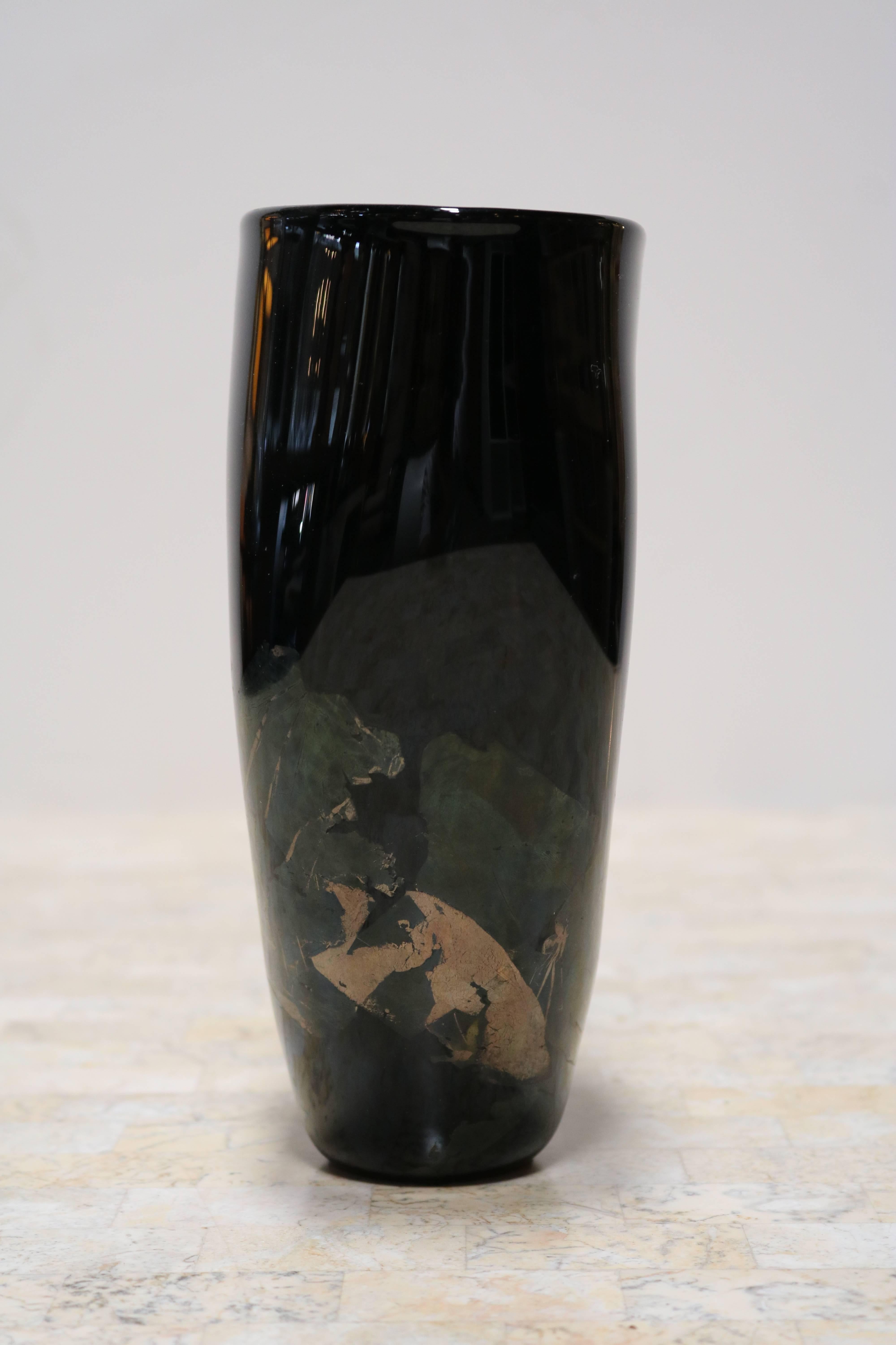 Mid-Century Modern Organic Black Glass Vase with Iridescent Overlay For Sale