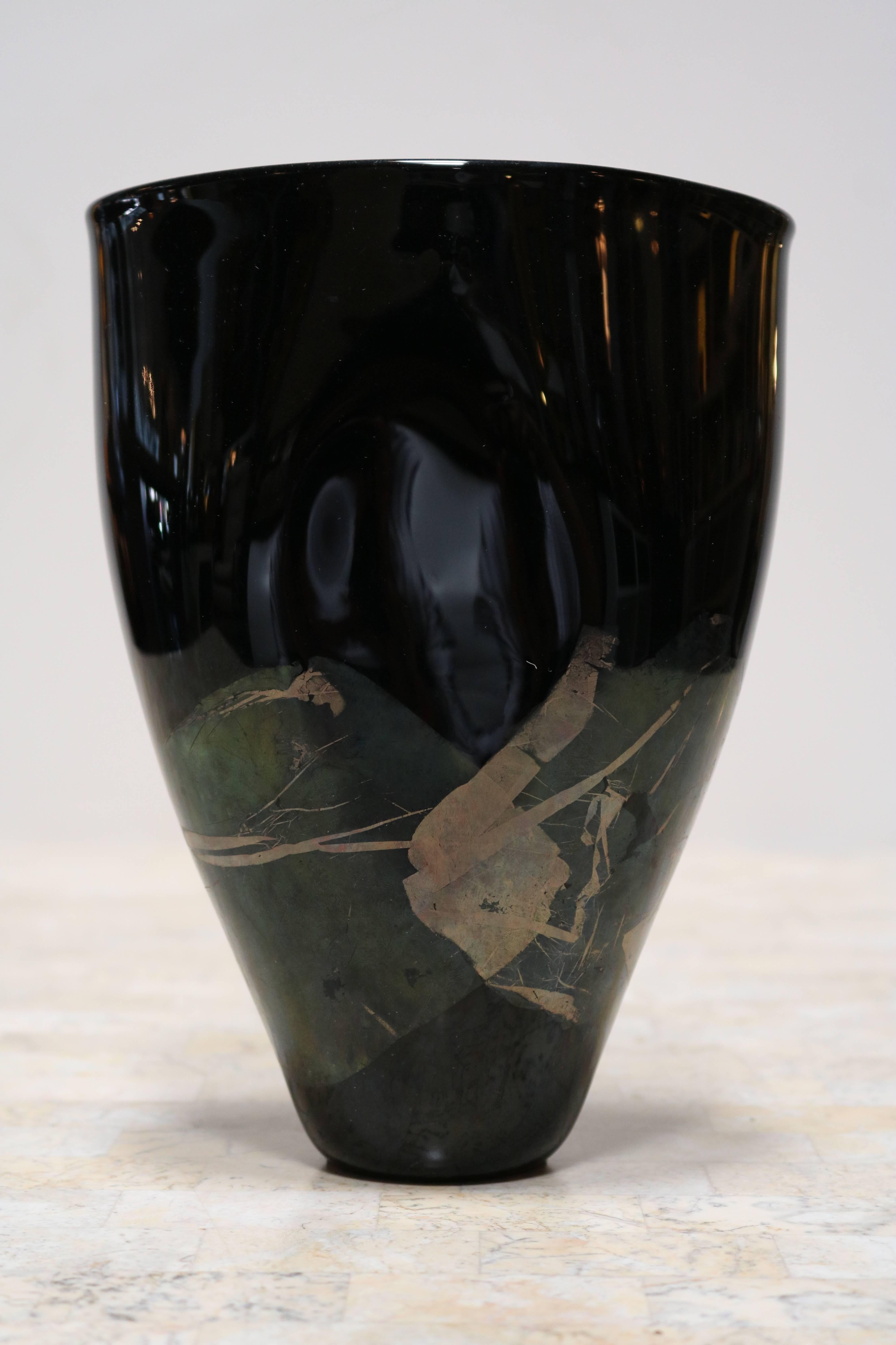 American Organic Black Glass Vase with Iridescent Overlay For Sale
