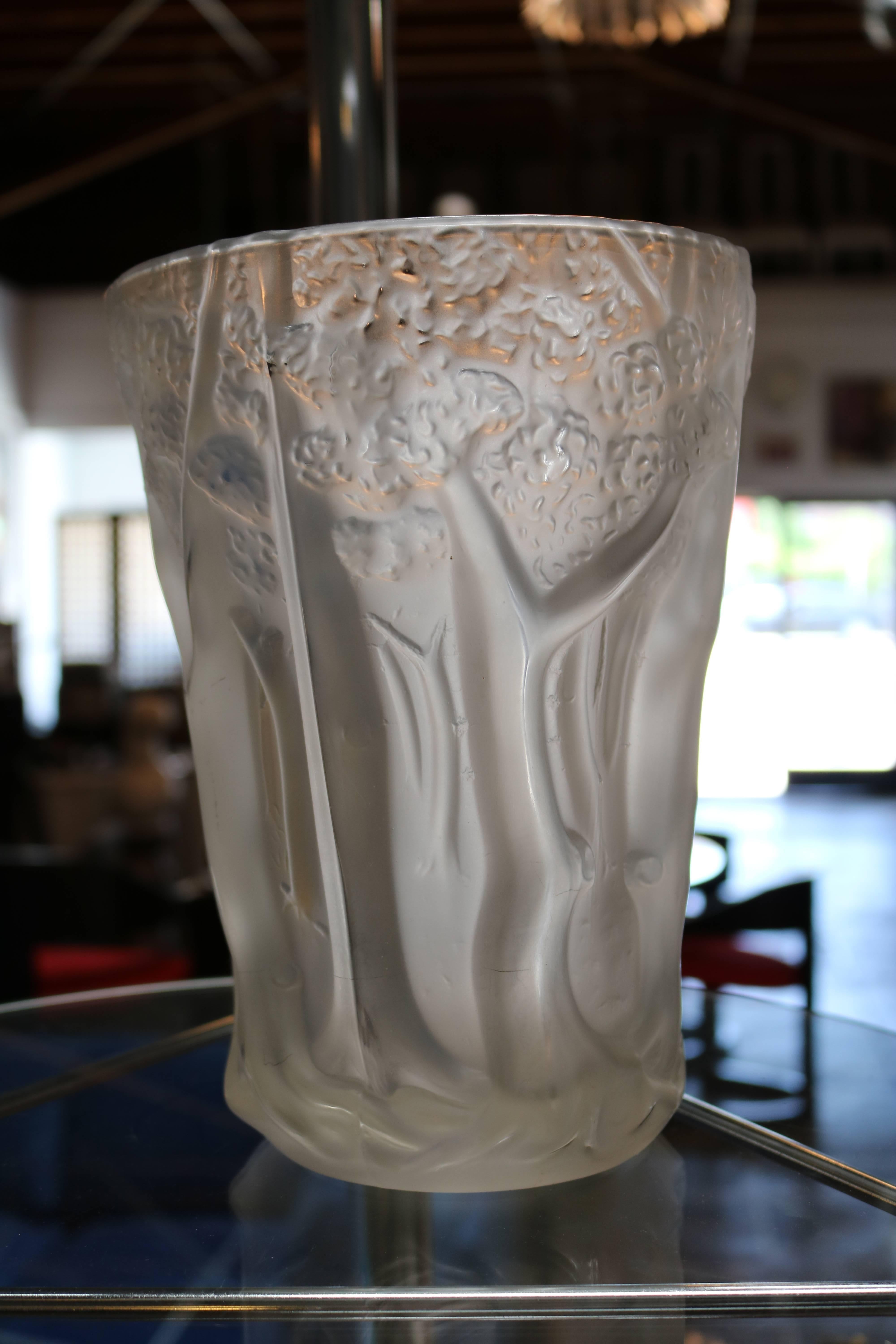 Mid-Century Modern Frosted Molded Glass Vase with Forest Scene in Relief