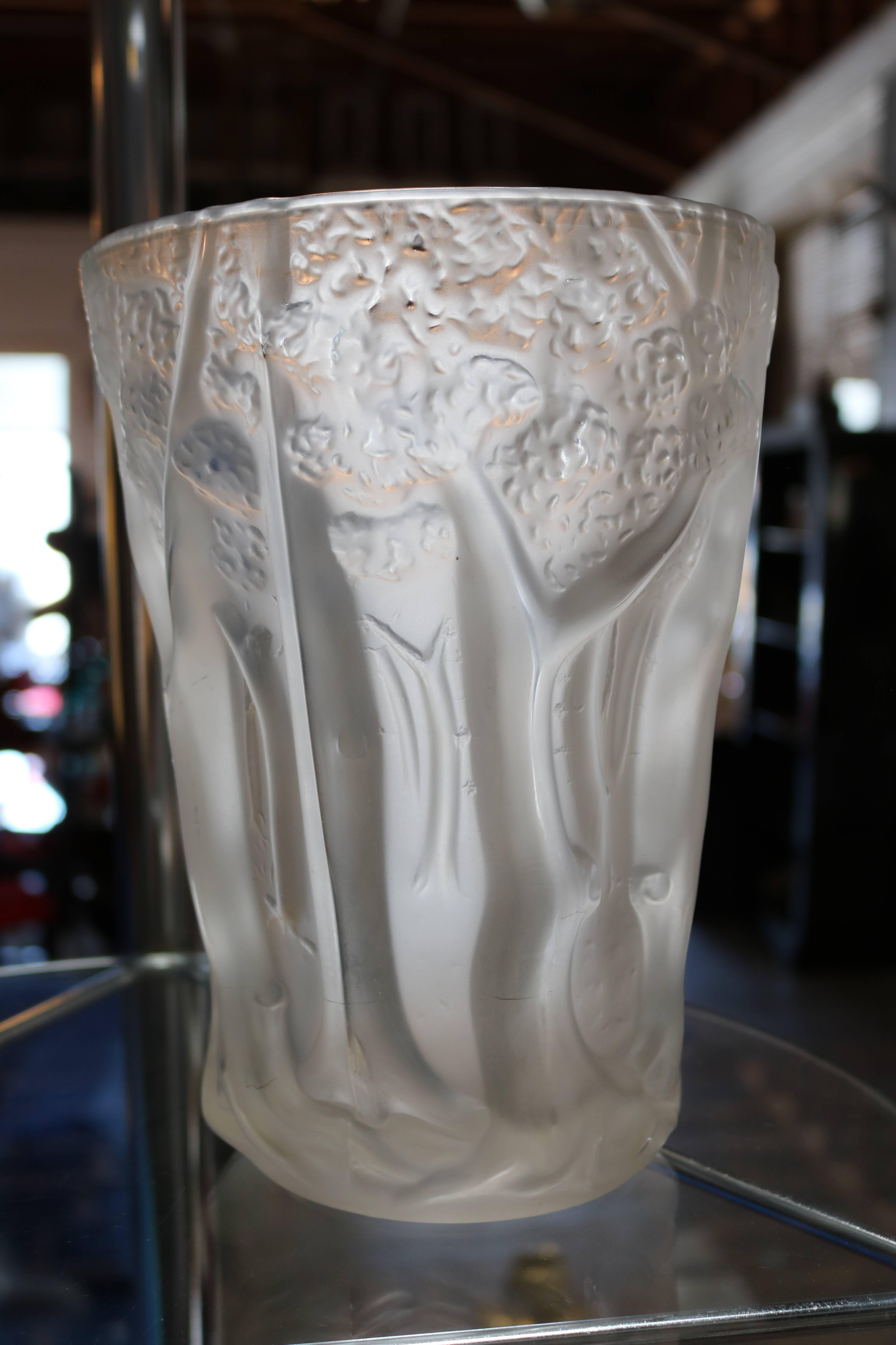 American Frosted Molded Glass Vase with Forest Scene in Relief