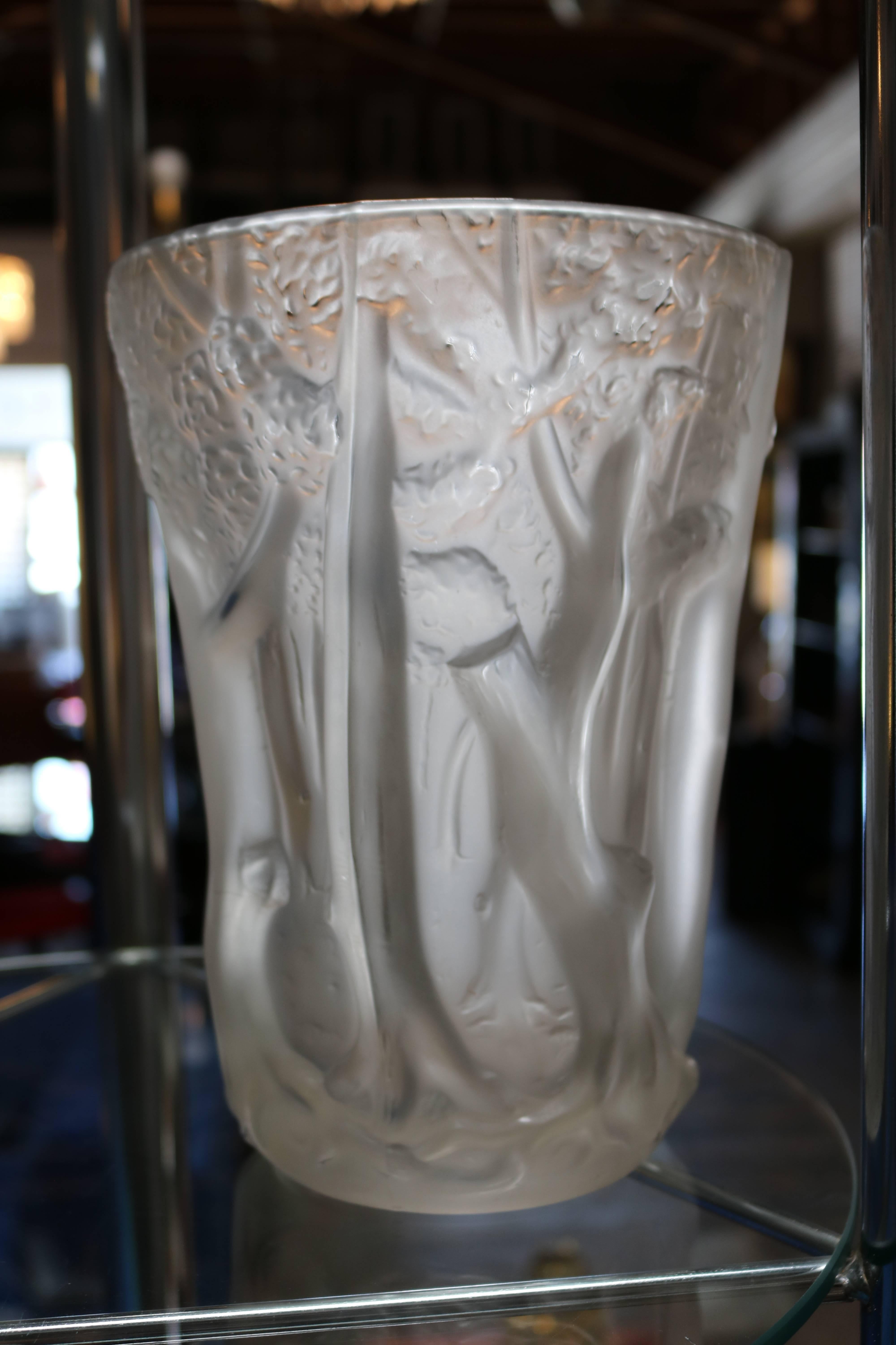 Frosted Molded Glass Vase with Forest Scene in Relief In Excellent Condition In Pasadena, CA