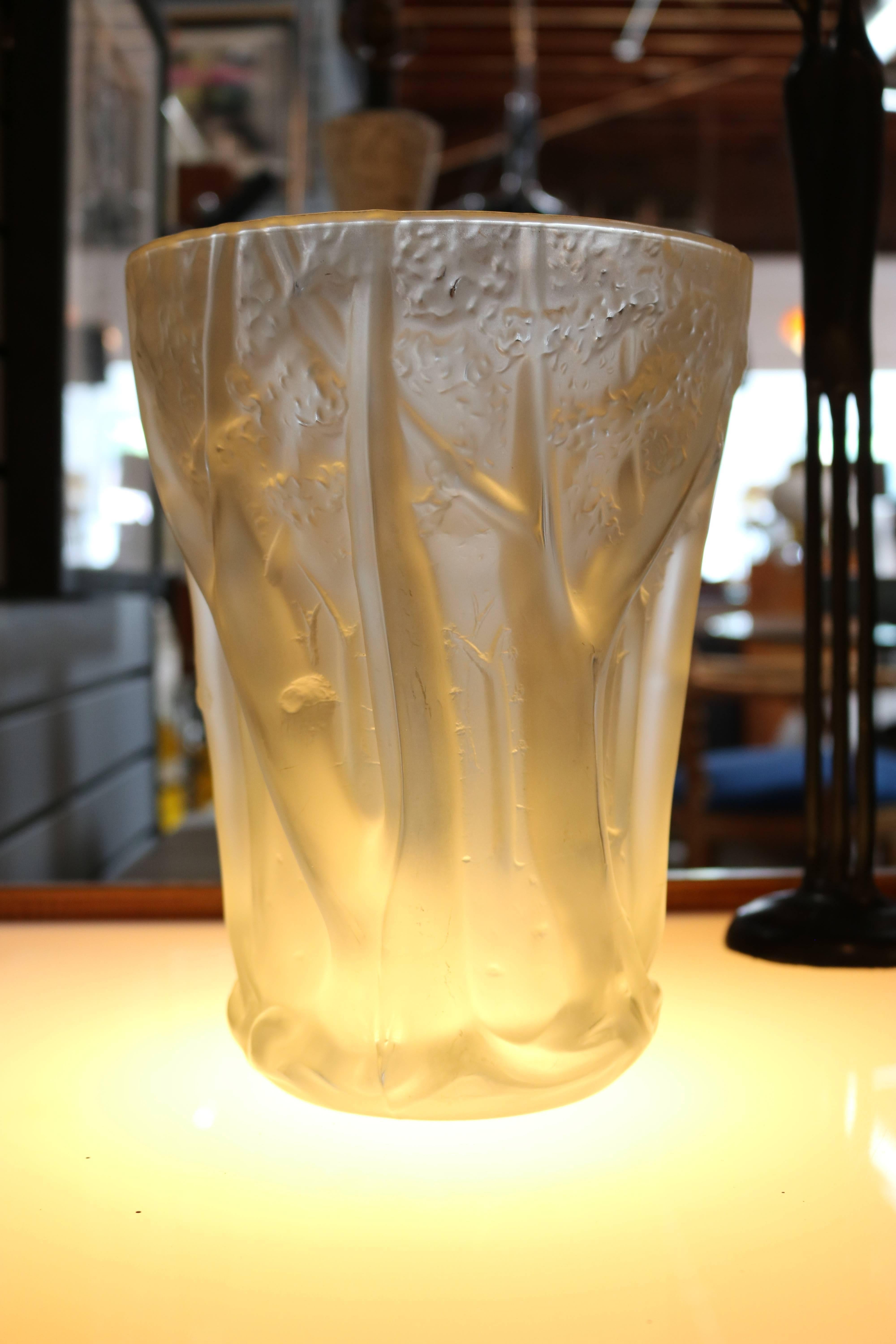 Mid-20th Century Frosted Molded Glass Vase with Forest Scene in Relief