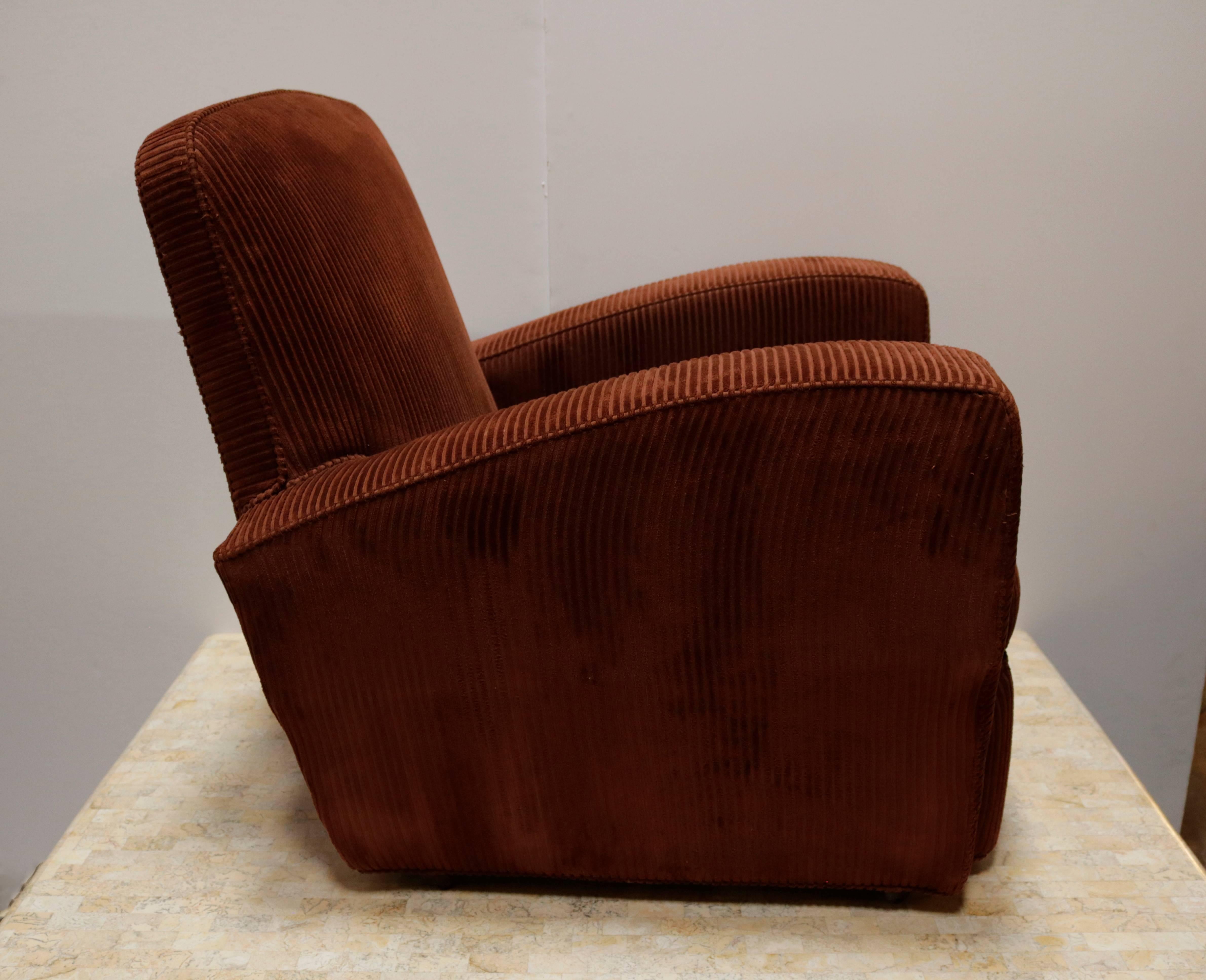 Mid-Century Modern Pair of French Corduroy Club Chairs