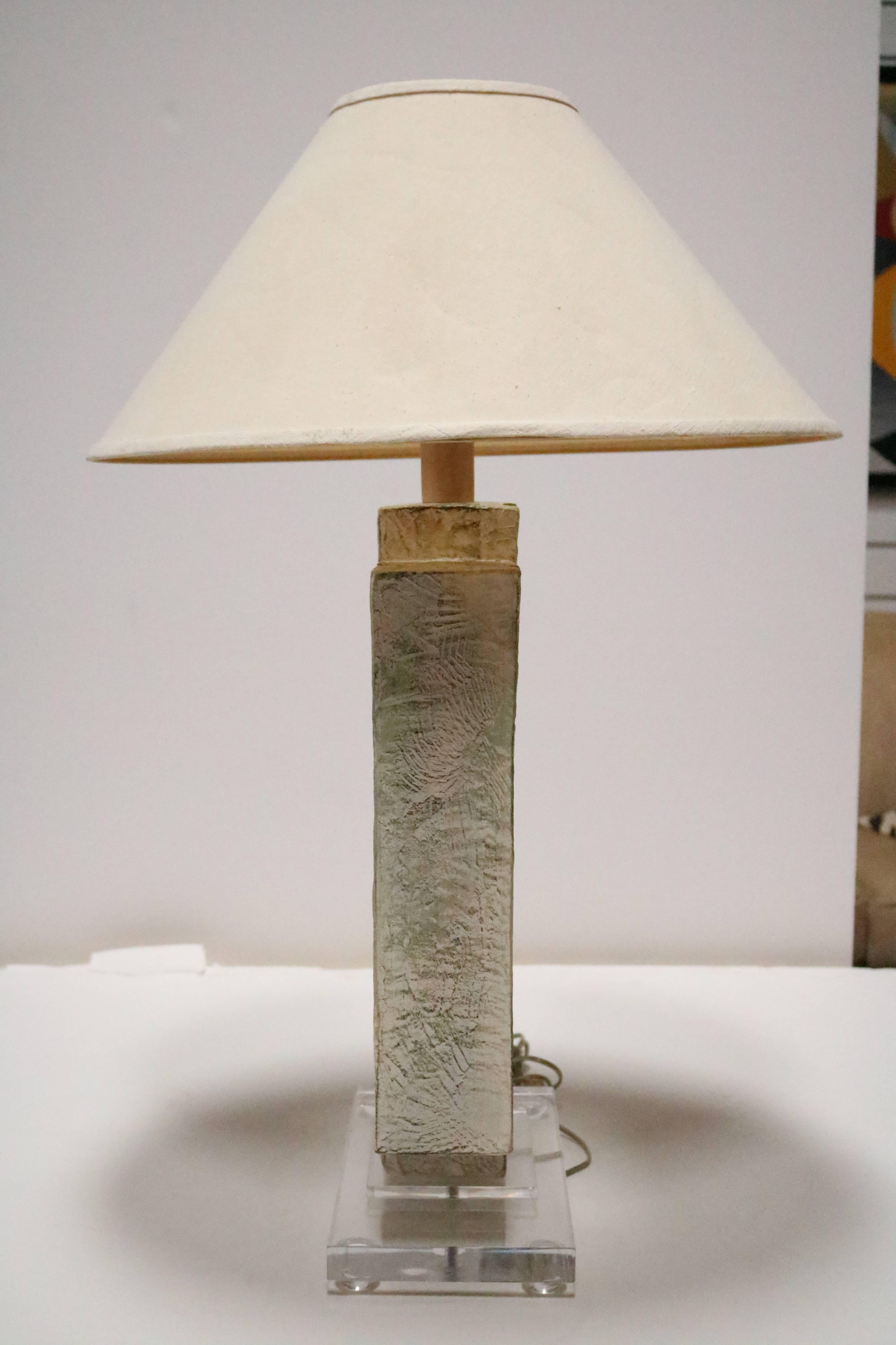 American Textured Pastel Colored Table Lamps on a Lucite Base, a Pair