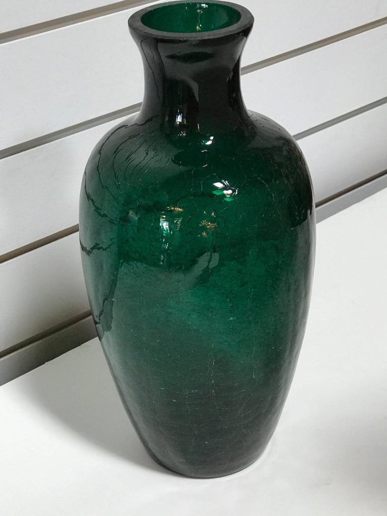 MidCentury Green Crackle Glass Vase For Sale at 1stDibs