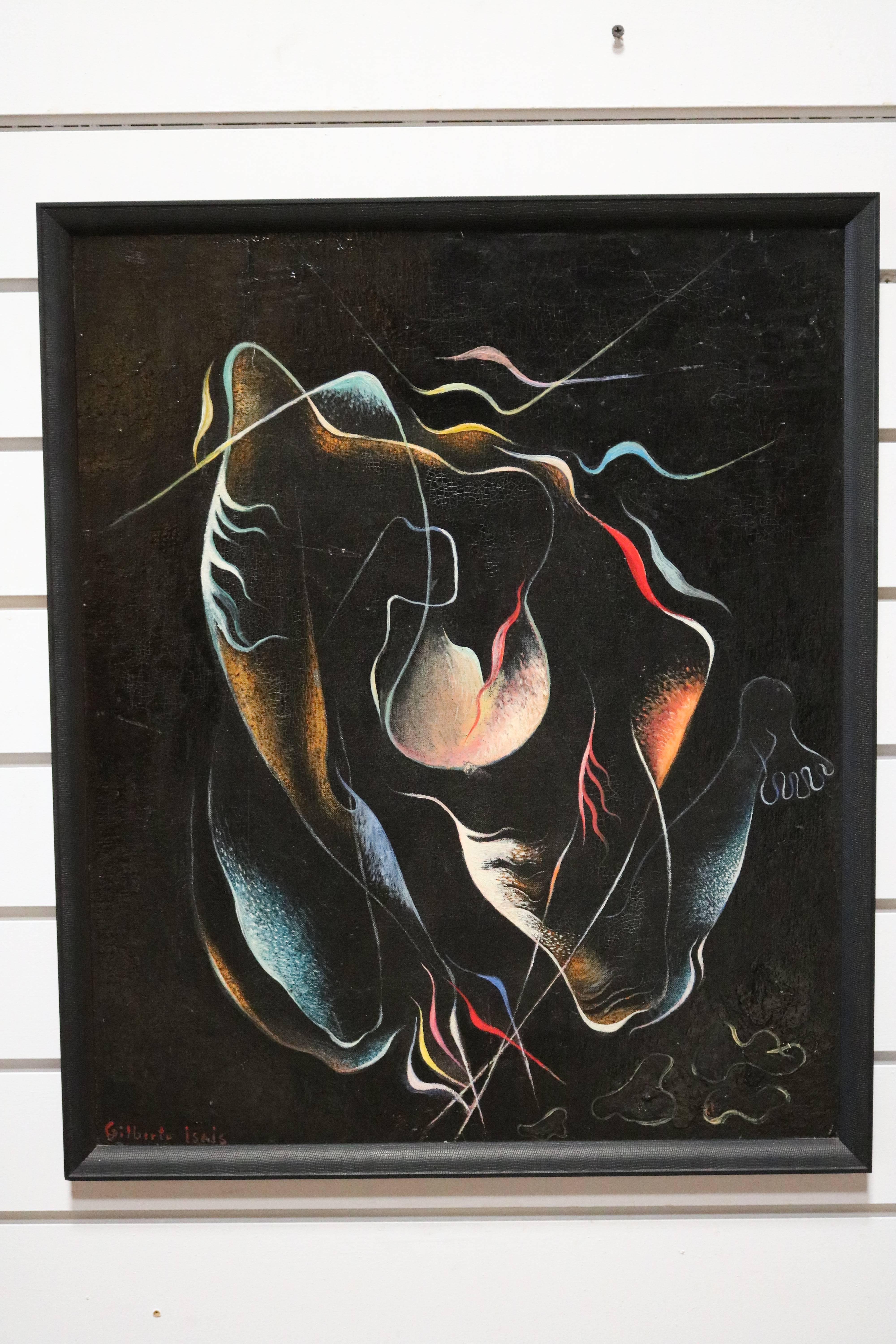 Framed oil painting signed Gilberto Isais. Painting depicts a kneeling man with his head lowered - you can see his foot on the right side of the painting and his hands joined on the front.