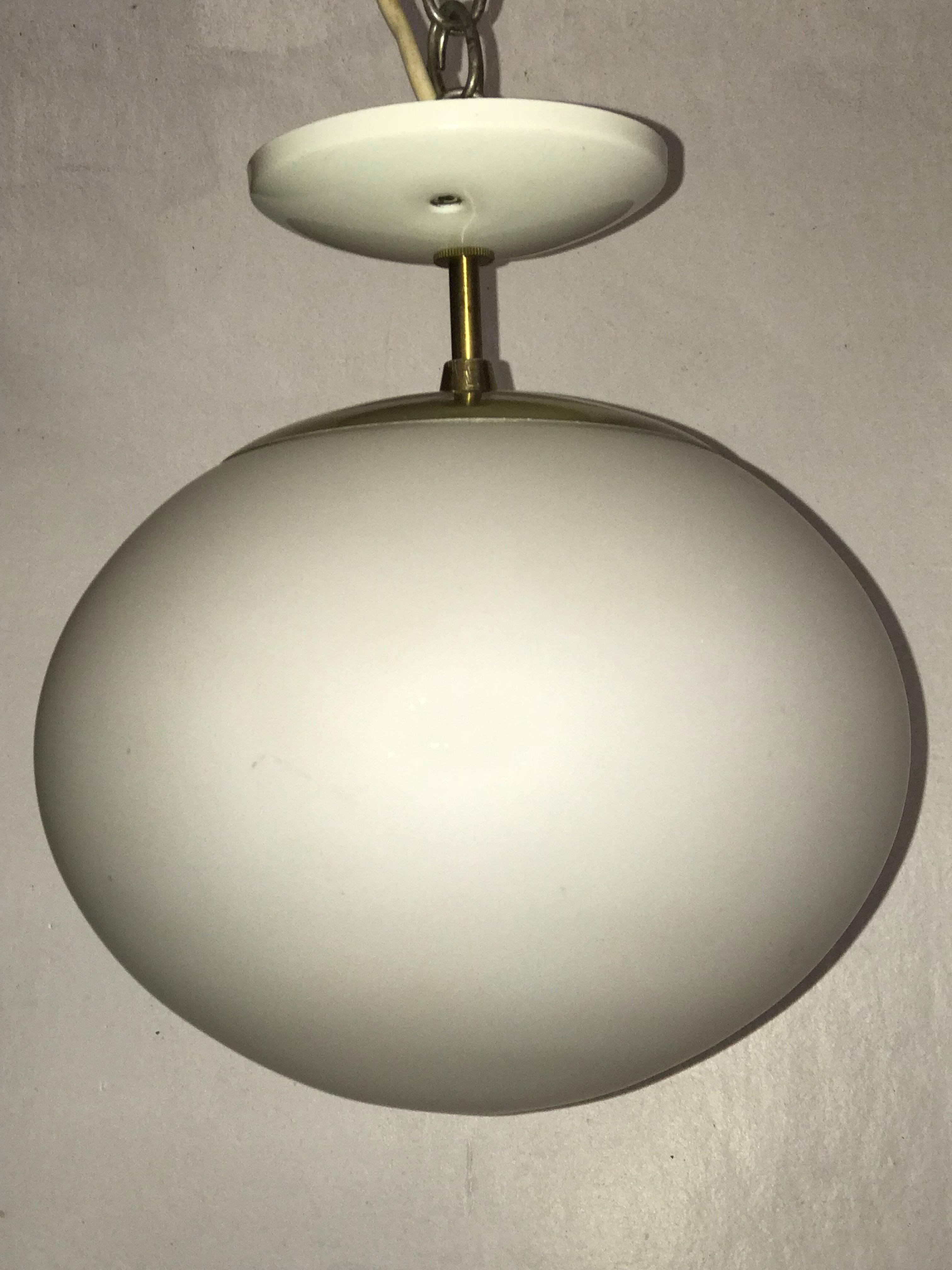 Simple Brass and Frosted Glass Pendant Light In Excellent Condition In Pasadena, CA