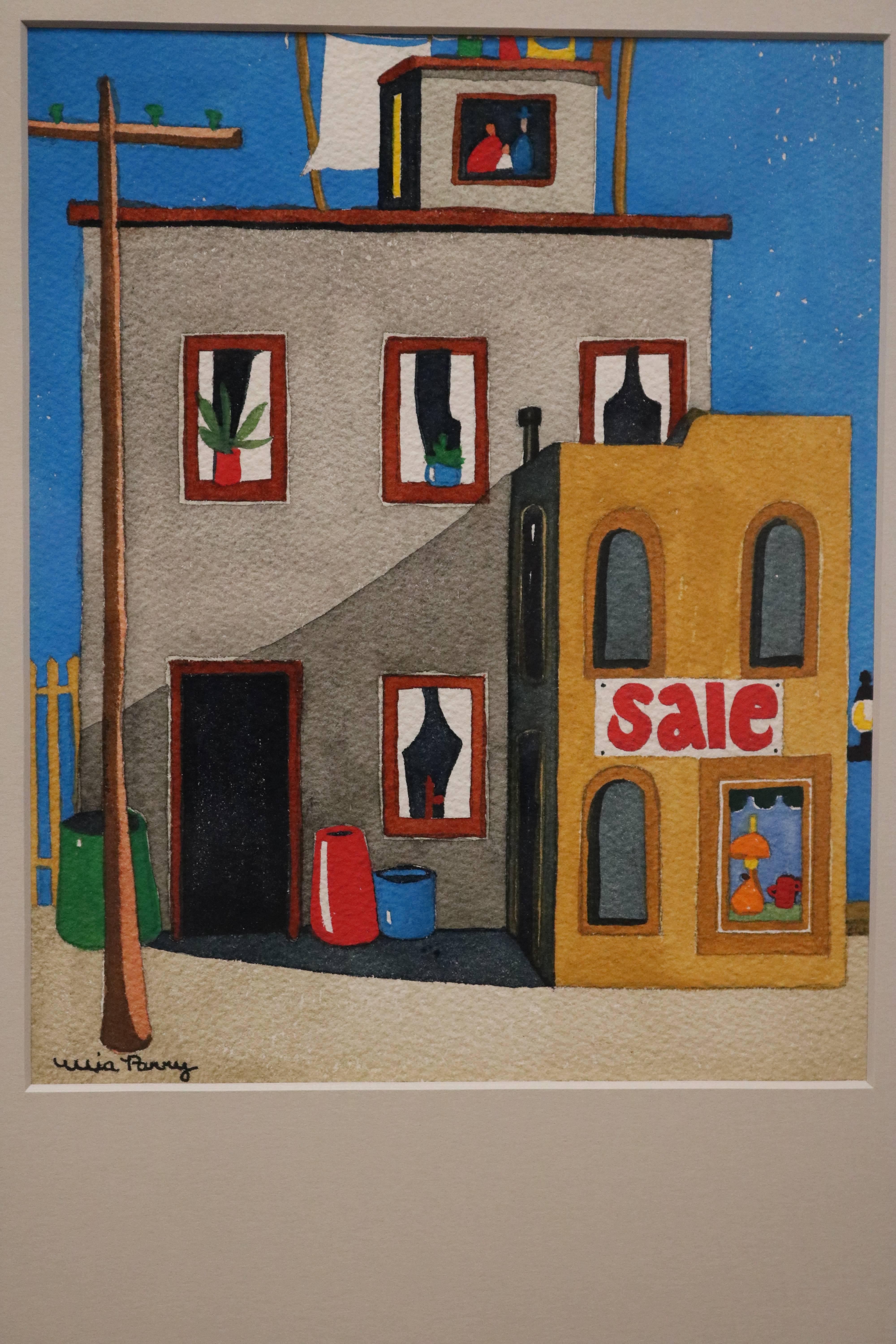 Mid-Century Modern Naive Watercolor Scene in the Manner of David Hockney