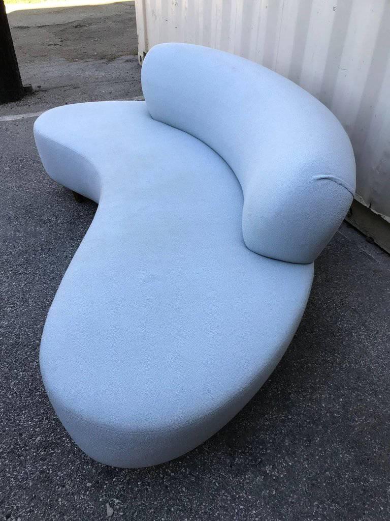 Medium sized cloud sofa designed by Vladimir Kagan for Modernica. Sofa is upholstered in a light blue fabric. The cloud series is built to provide a truly luxurious comfortable seat and provide firm lumbar support for your back. Each cloud piece is