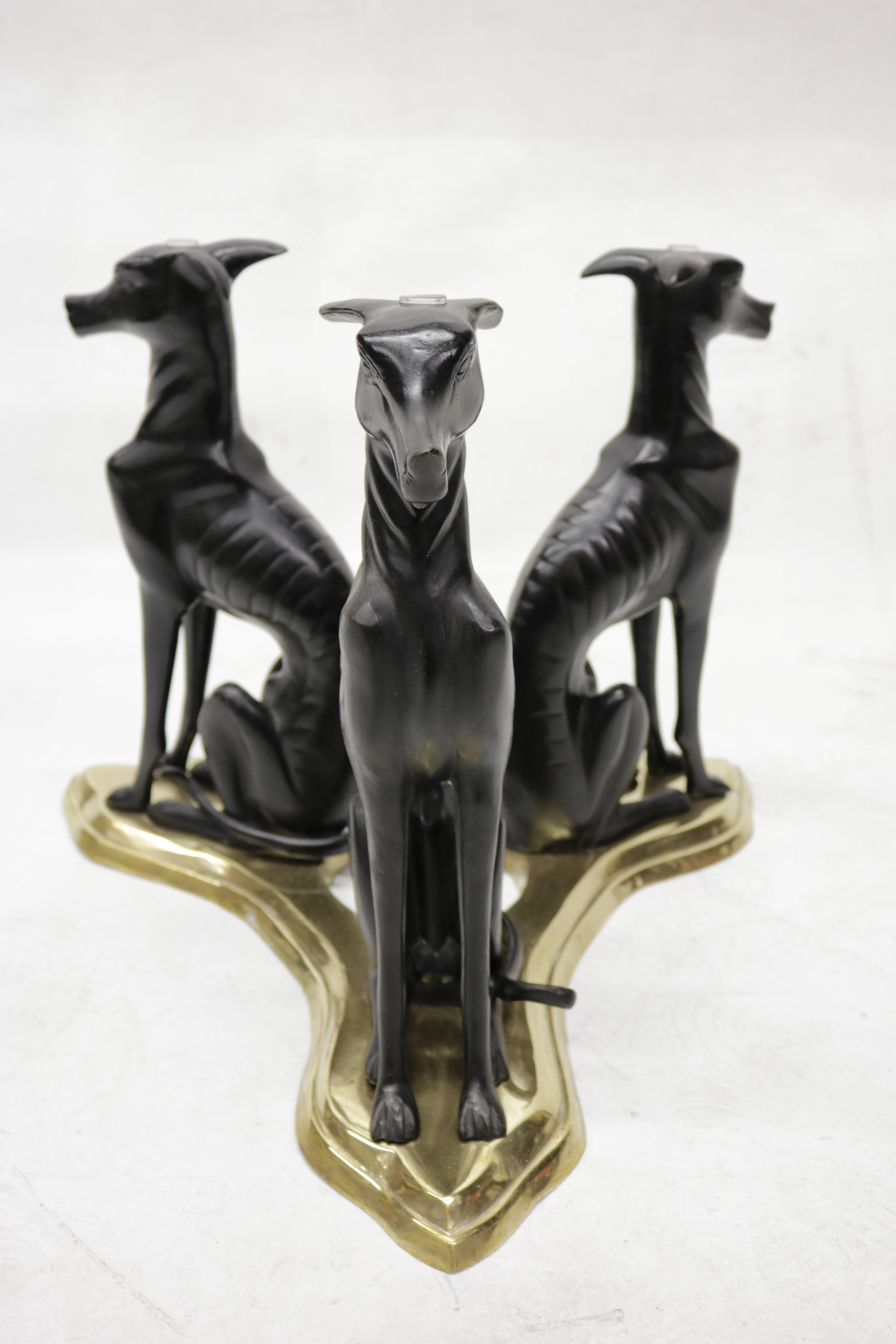 Mid-Century Modern Three Bronze Greyhounds with a Glass Top Coffee Table by Maitland Smith