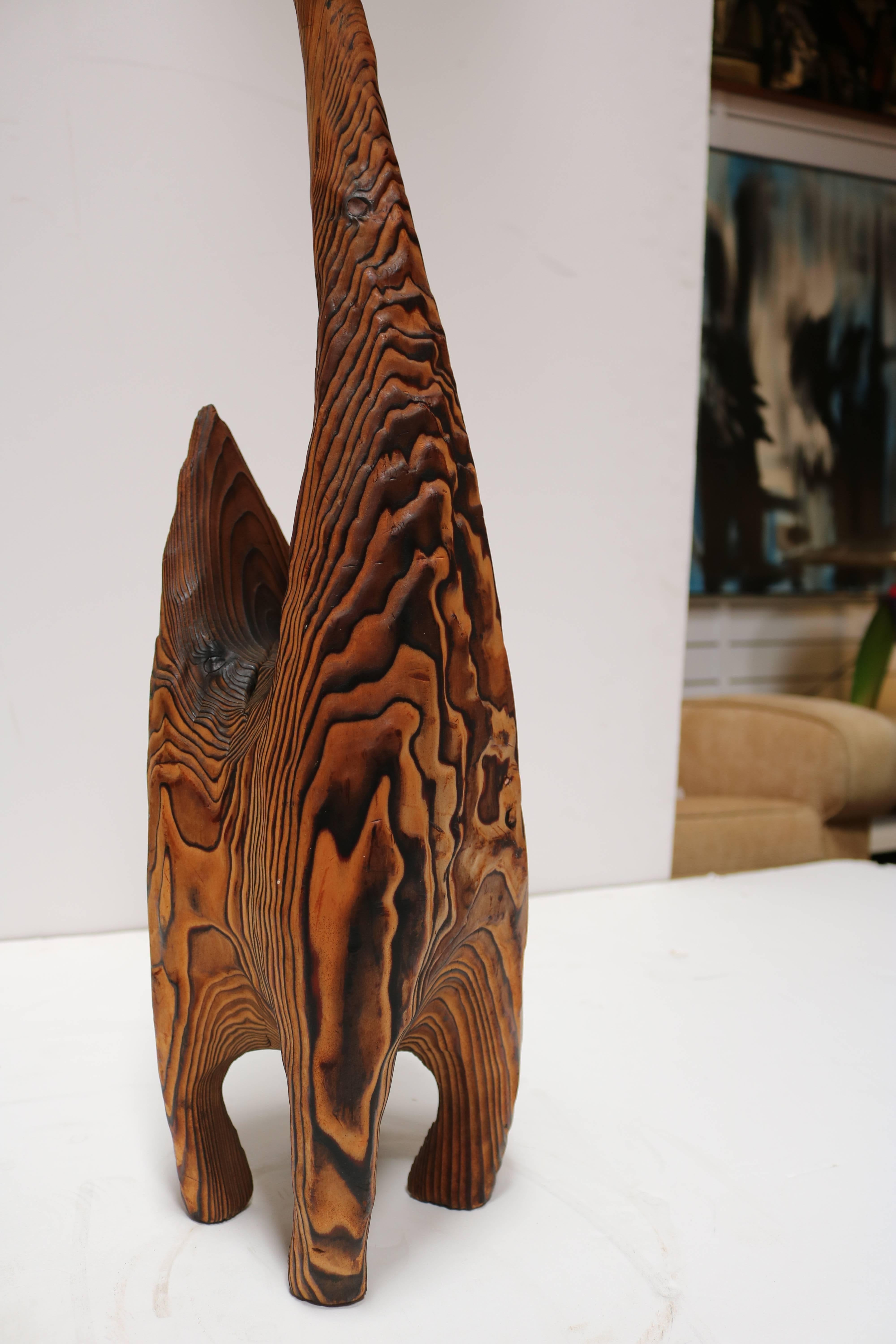 Unknown Striking Bocote Wood Sculpture of a Cat with Blue Eyes