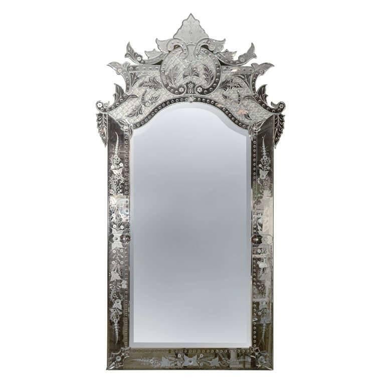 Italian Venetian Glass Large Mirror Etched Clear Glass Oversize For Sale