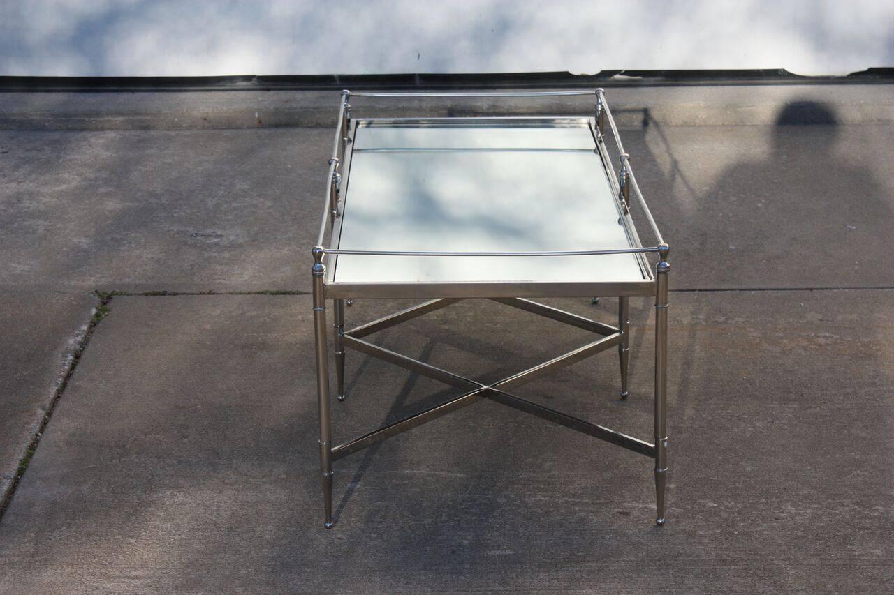 Mid-Century French Director Style Chrome and Glass Short Console Cocktails Table In Excellent Condition For Sale In Southampton, NY