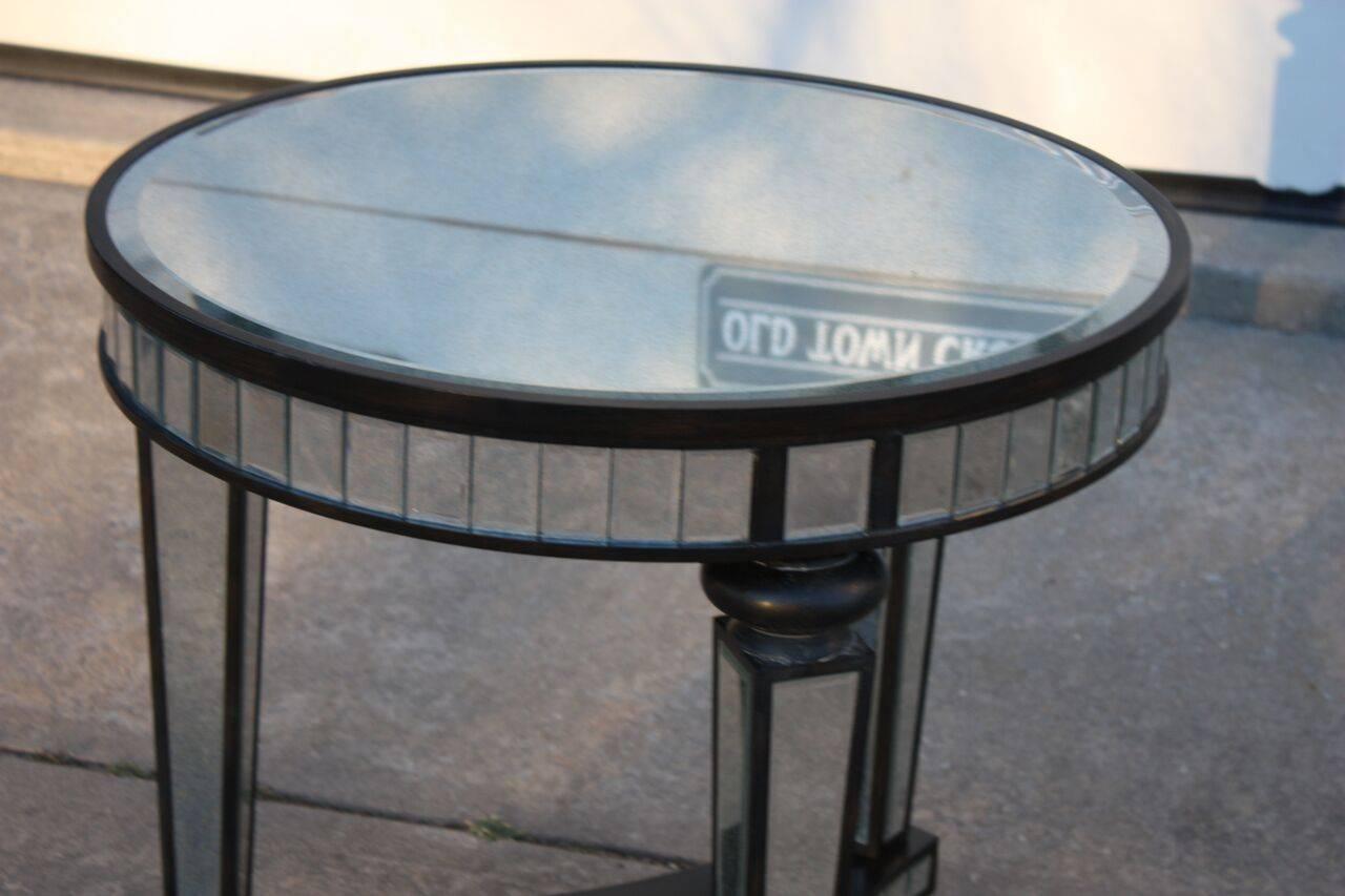 1980s Mirror Panel Ebonized Wood Frame Small Round  Side Table For Sale 3