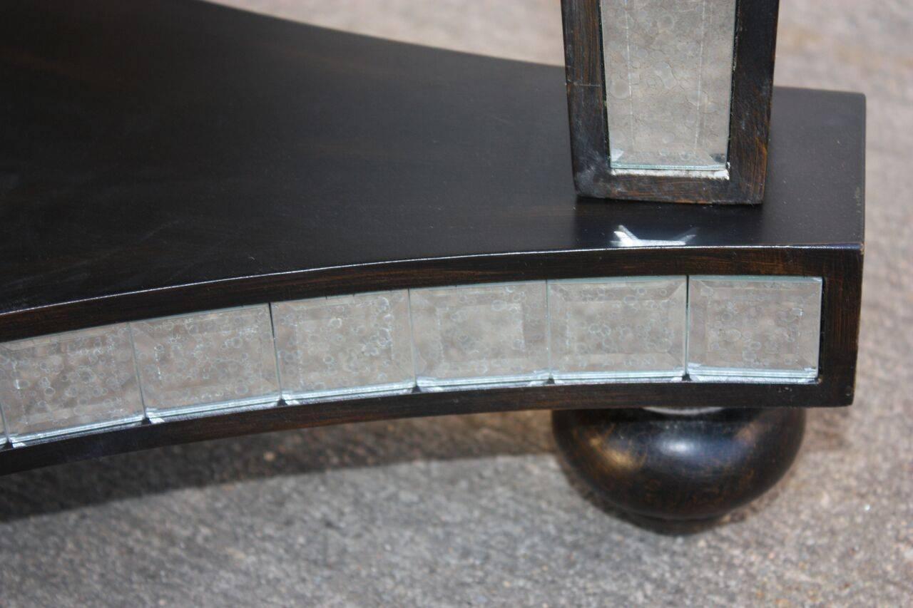 1980s Mirror Panel Ebonized Wood Frame Small Round  Side Table In Excellent Condition For Sale In Southampton, NY