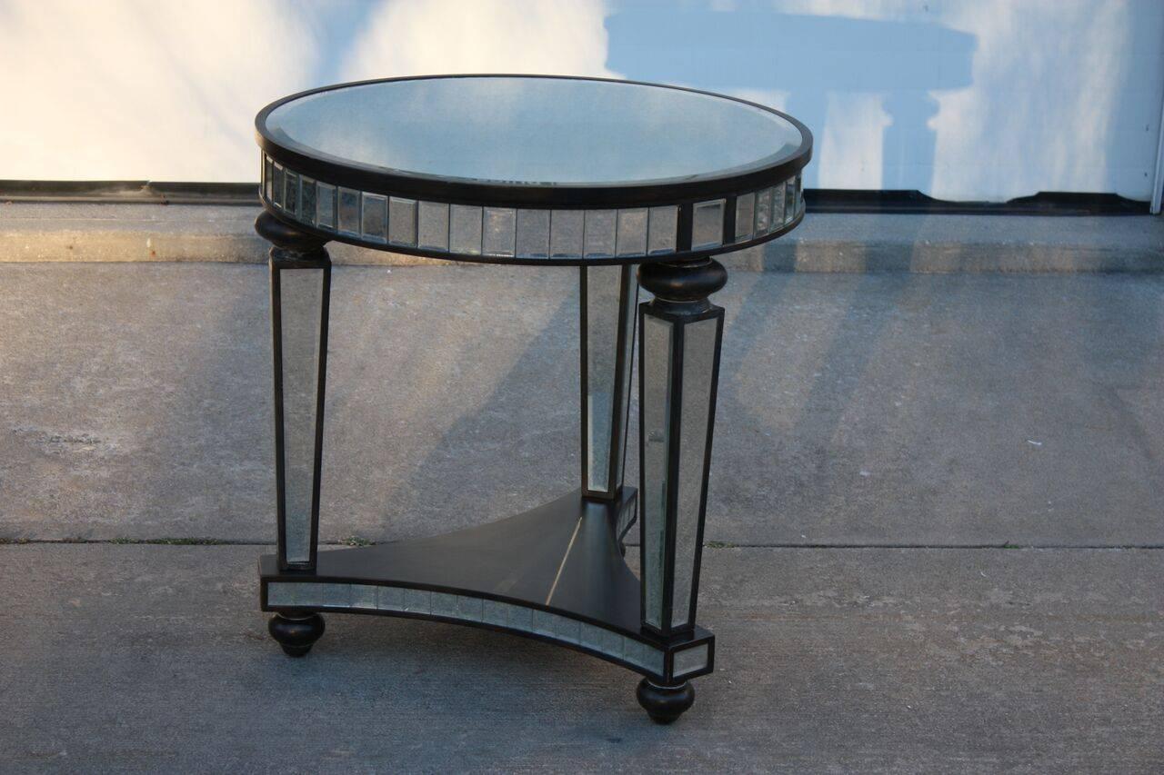 Late 20th Century 1980s Mirror Panel Ebonized Wood Frame Small Round  Side Table For Sale