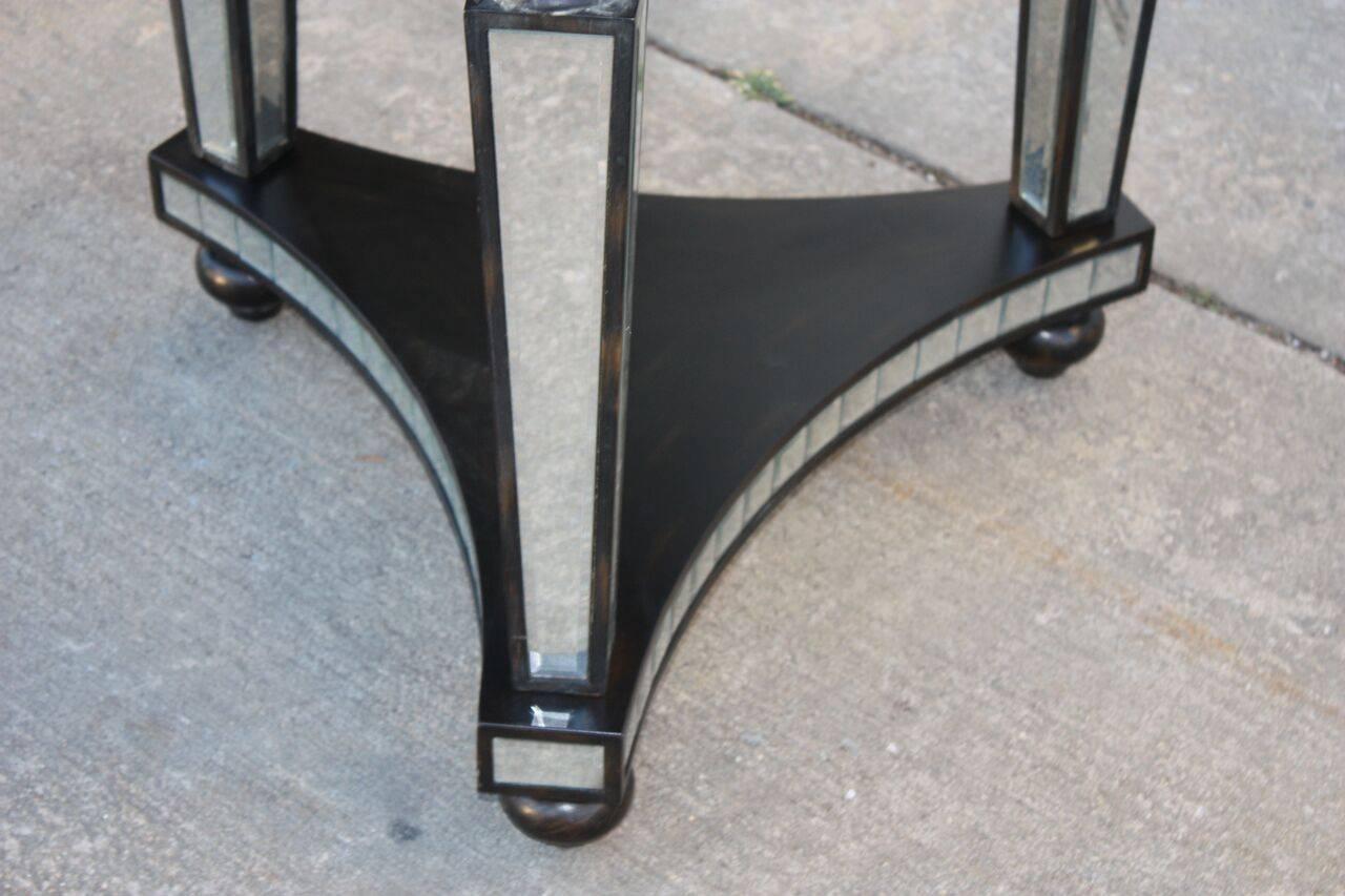 1980s Mirror Panel Ebonized Wood Frame Small Round  Side Table For Sale 2