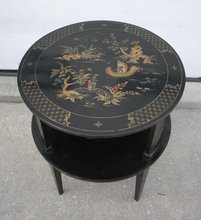 Pair of Round Black HandPainted Chinoiserie Side Tables For Sale at