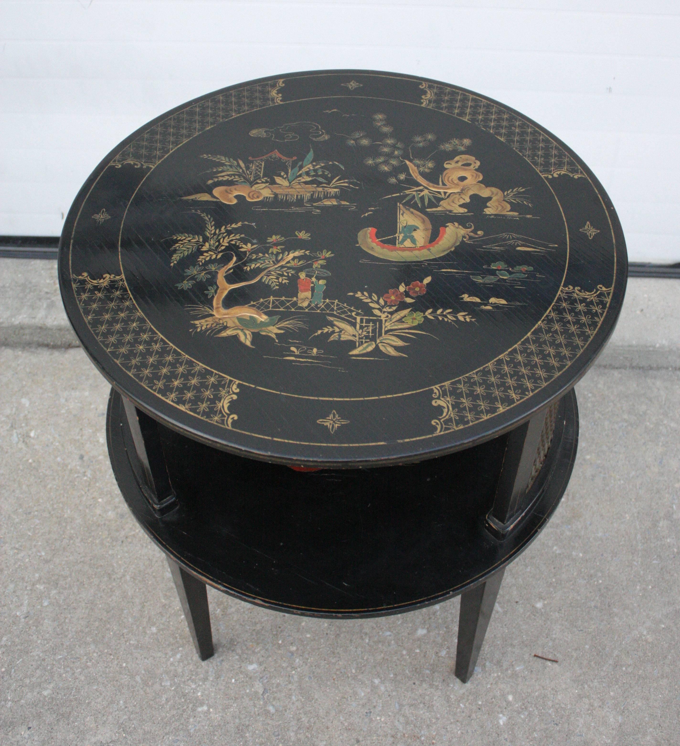 Absolutely stunning signed hand-painted chinoiserie side table. Fantastic condition considering age, some minor repair one tables painted top surface. Includes round glass top to protect each.

circa 1930s, United States of America.