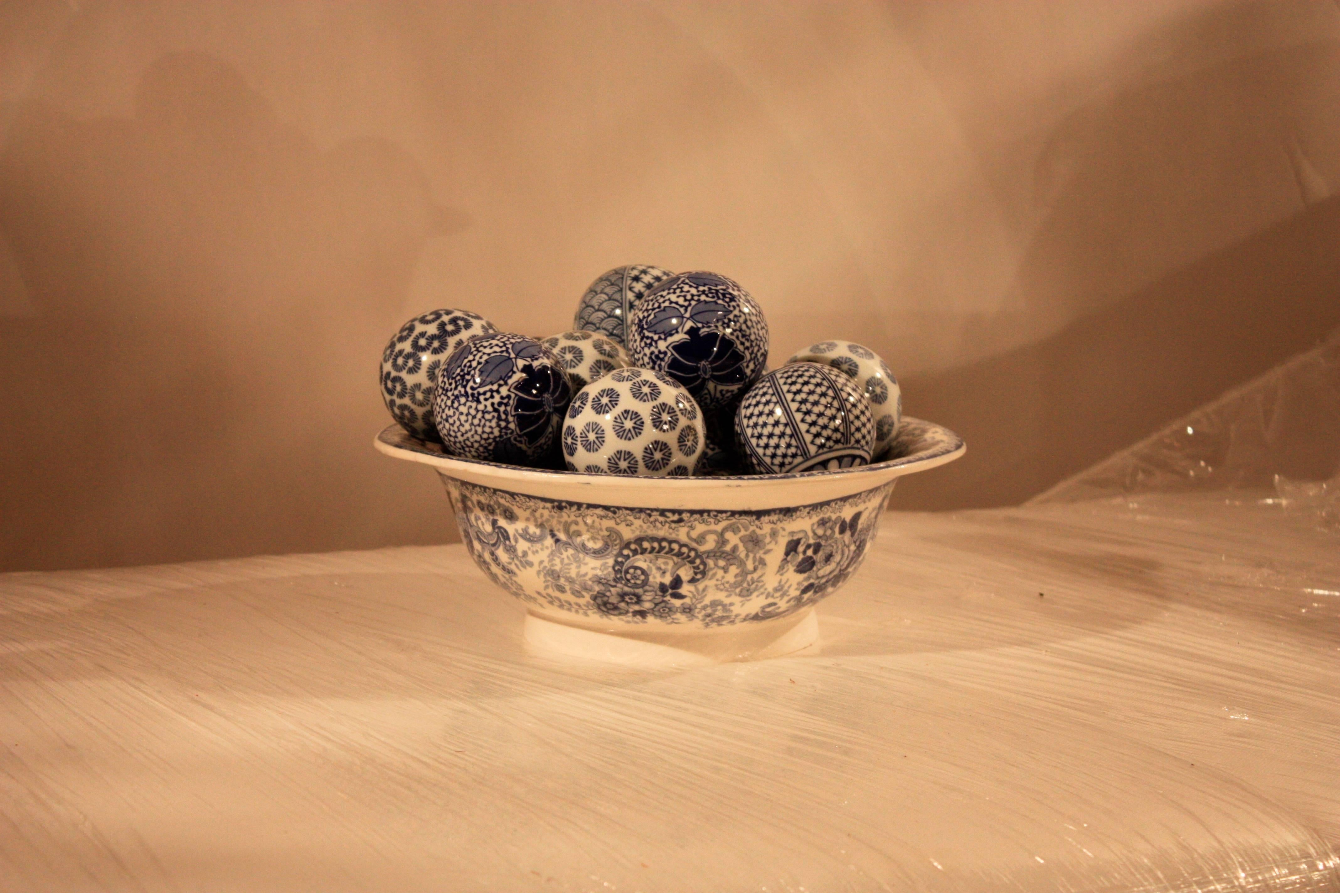 Blue and White Ceramic Bowl with Decorative Balls 2