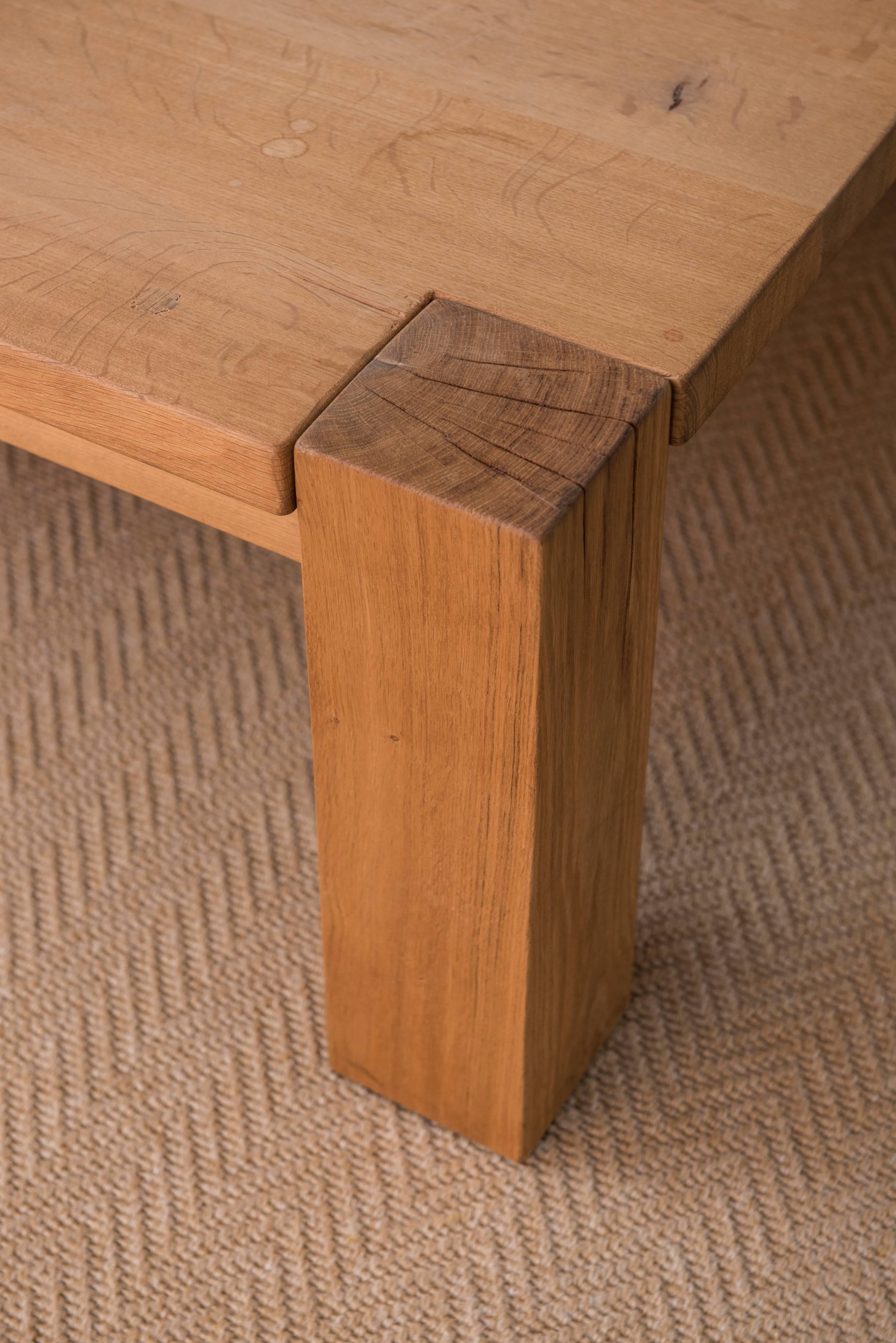 Handmade, transitional square oak coffee table.