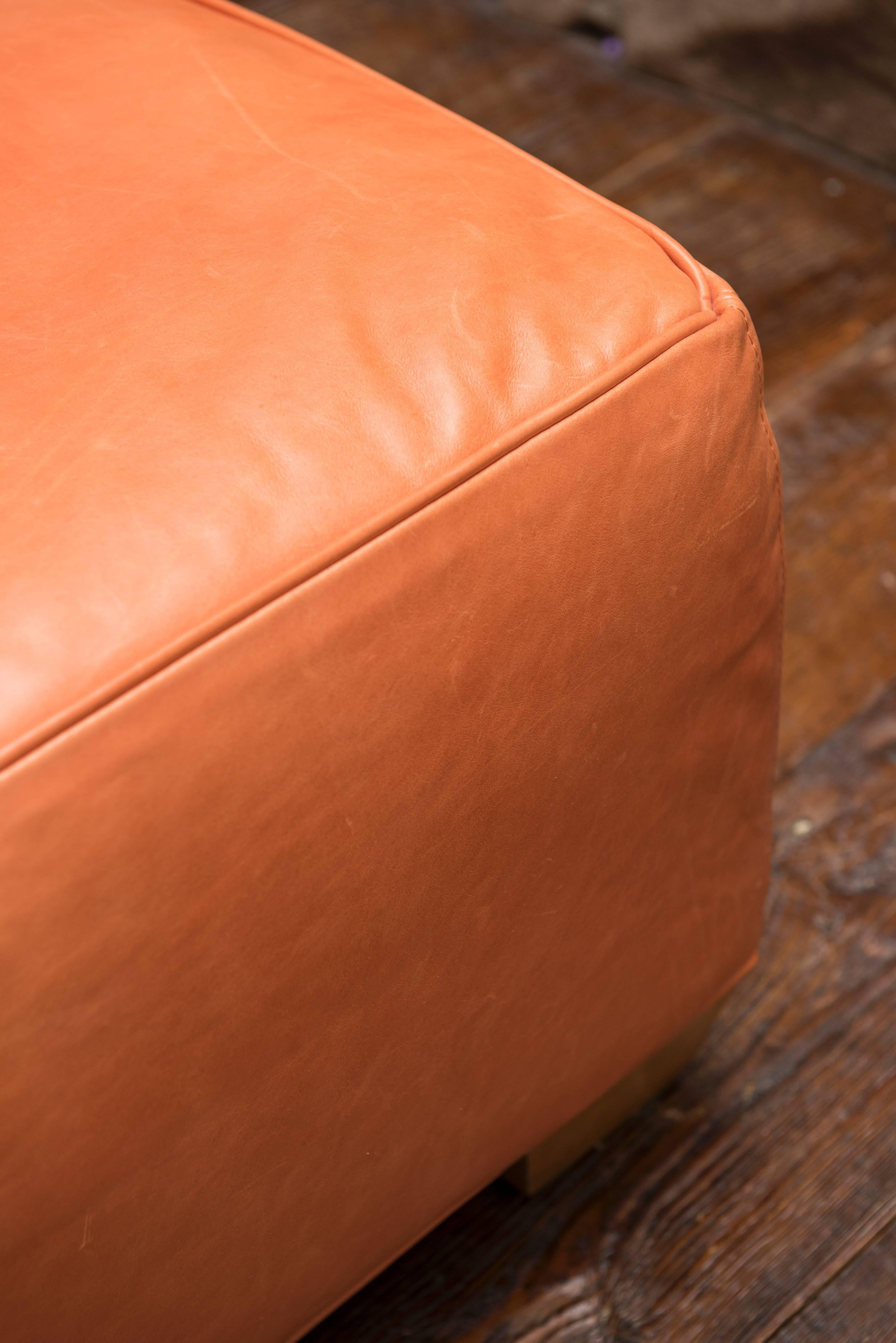 Tangerine Leather Ottoman In Good Condition For Sale In Southampton, NY