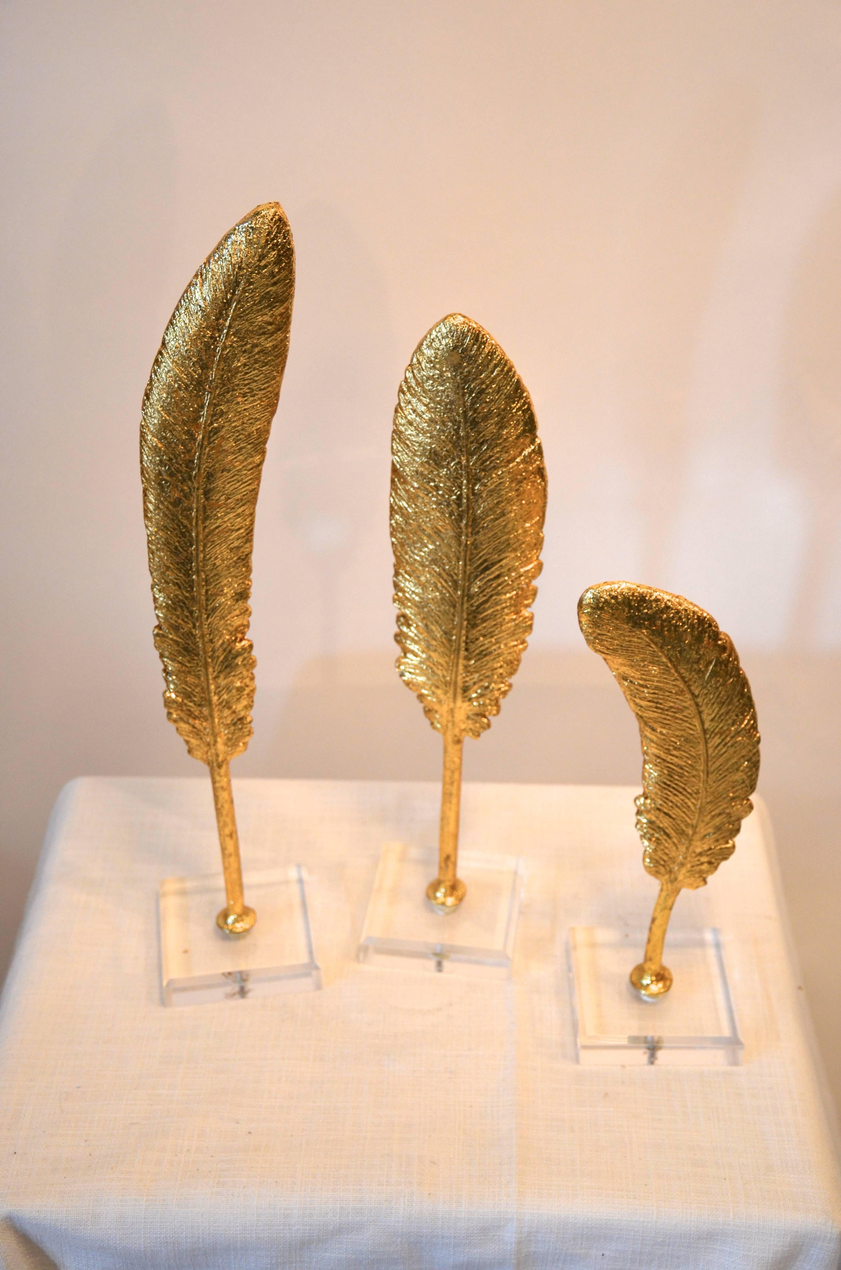 Late 20th Century Trio of Gold Feathers For Sale