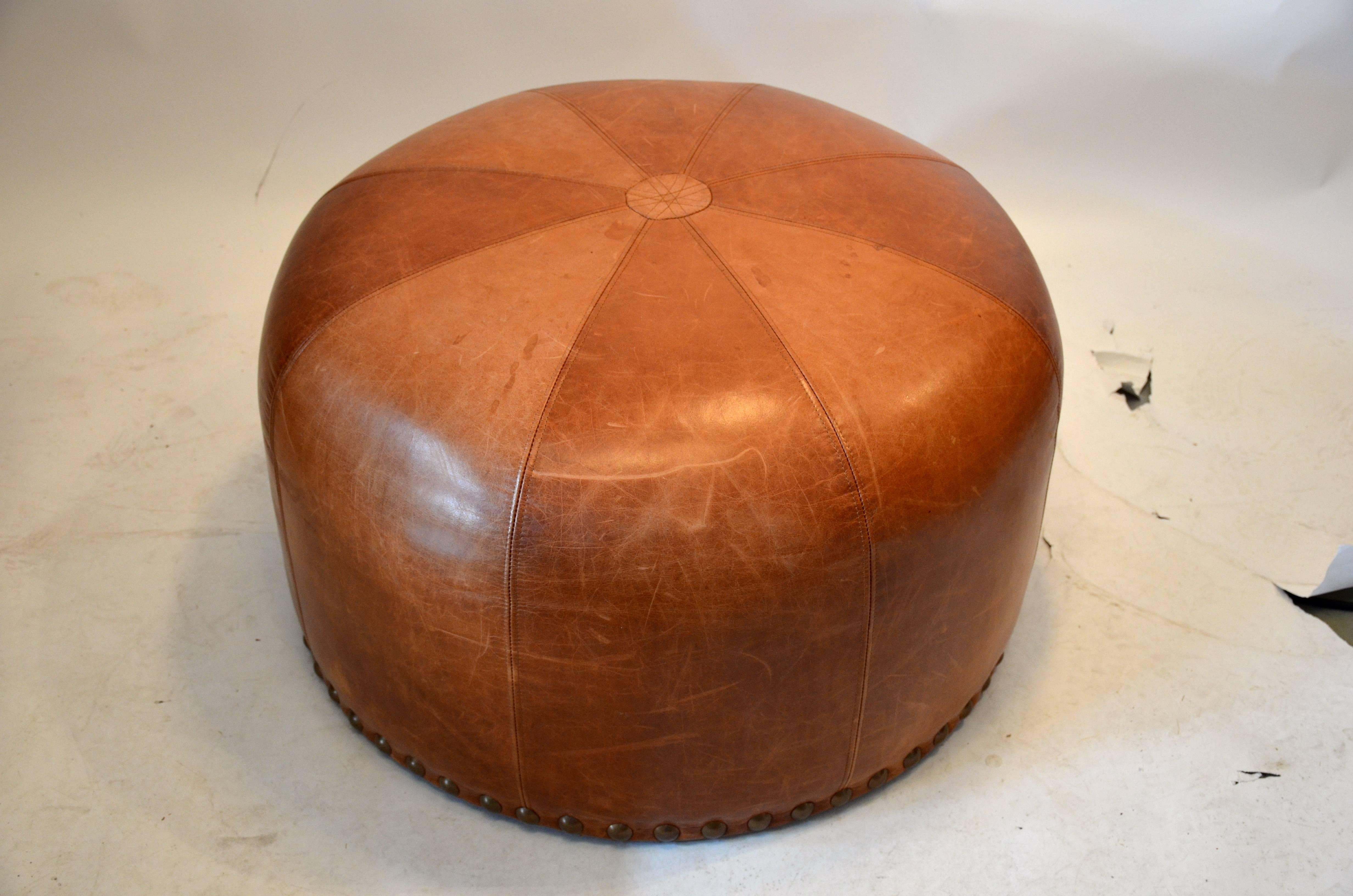 Leather Pouf In Good Condition In Southampton, NY