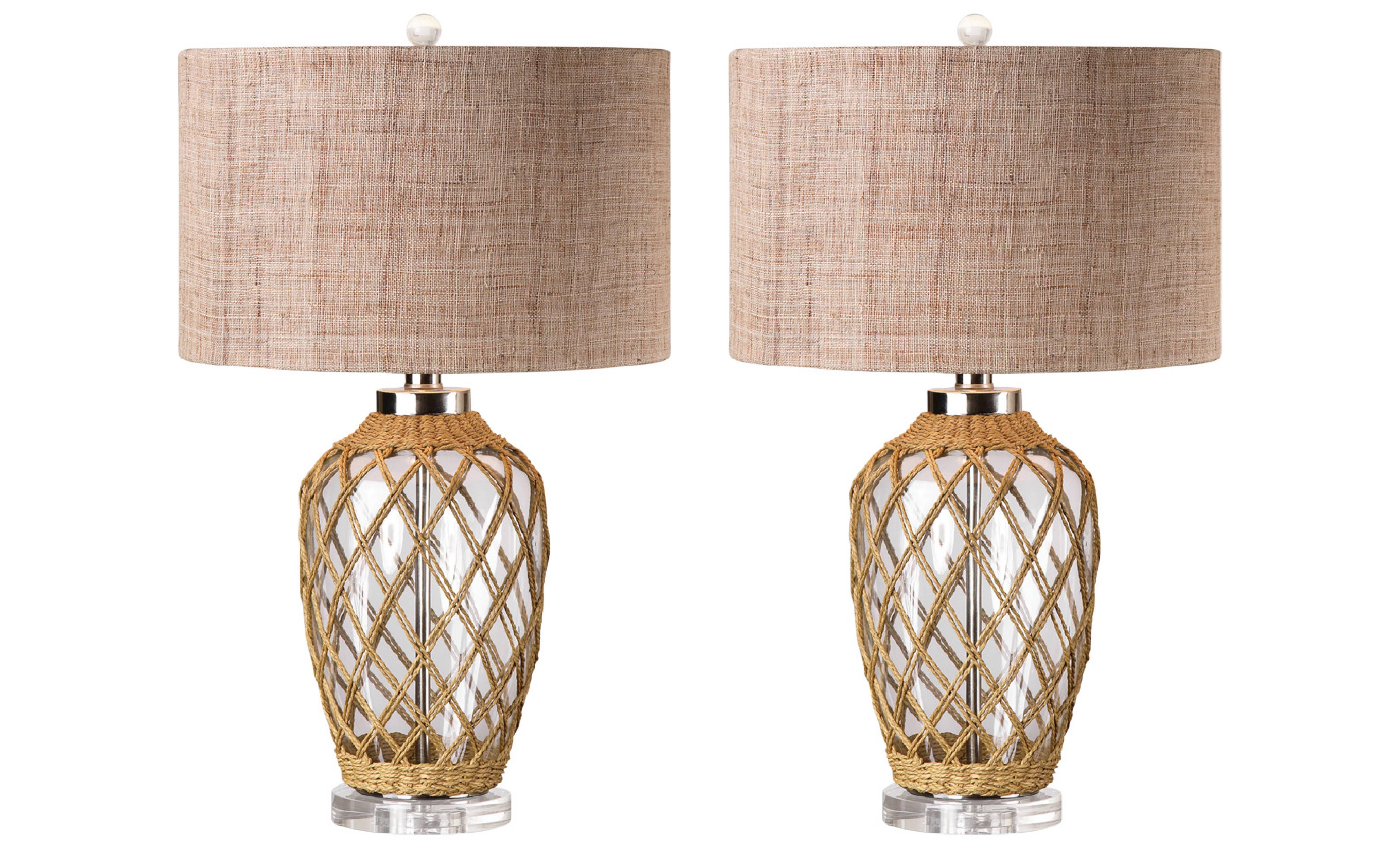 Fabulous retro lamps, looking perfectly in vogue for today.  Lucite base, glass middle and crystal topper.  Glass is wrapped in jute for a warm beach house feel.   Copper threaded burlap shades are included.   

Please inquire if you just need