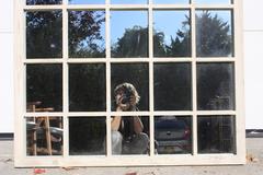 Contemporary 1980s Belgium White Washed Oversized Arch Window Frame Mirror