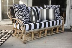 1960s Modern Bent Bamboo High Life Outdoor Three-Seat Sofa, Bengal Stripe Fabric