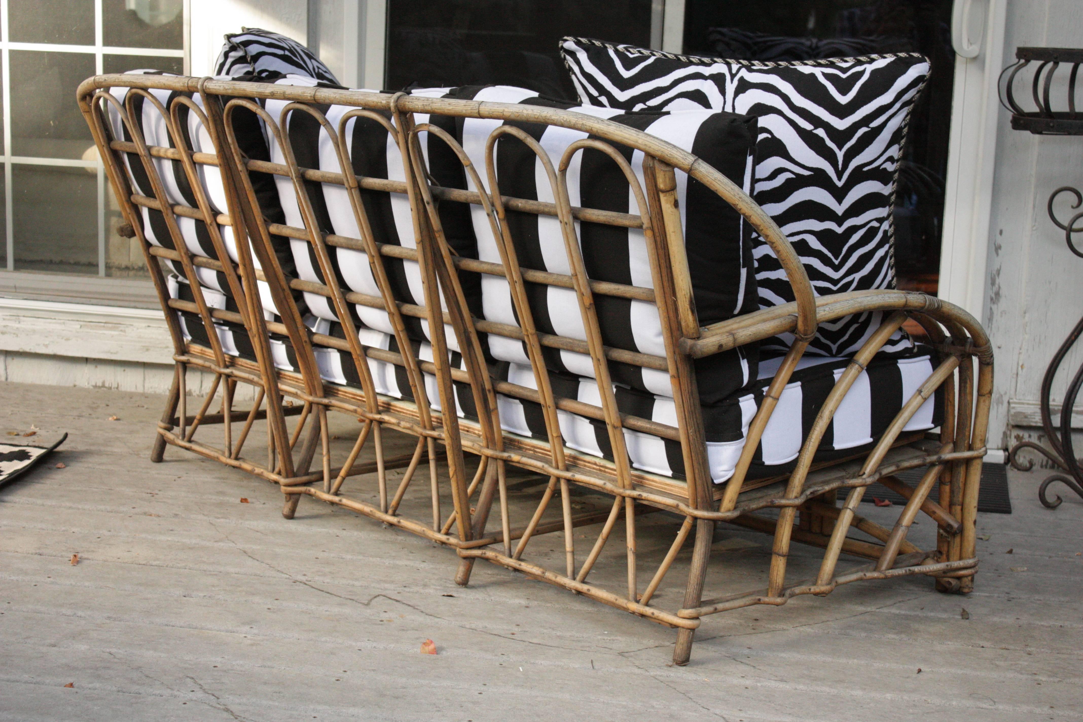 1960s Modern Bent Bamboo High Life Outdoor Three-Seat Sofa, Bengal Stripe Fabric In Excellent Condition For Sale In Southampton, NY