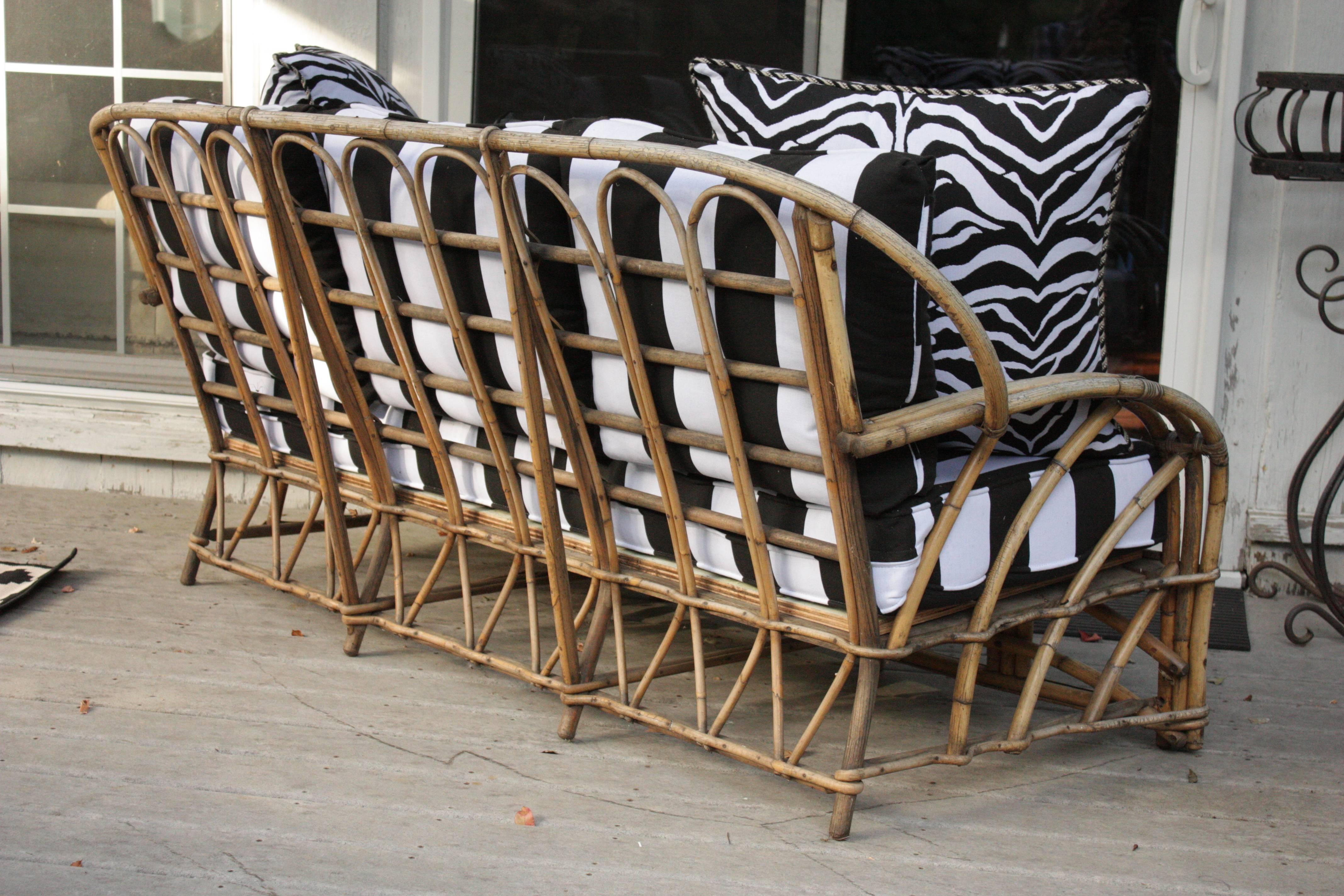 Mid-20th Century 1960s Modern Bent Bamboo High Life Outdoor Three-Seat Sofa, Bengal Stripe Fabric For Sale