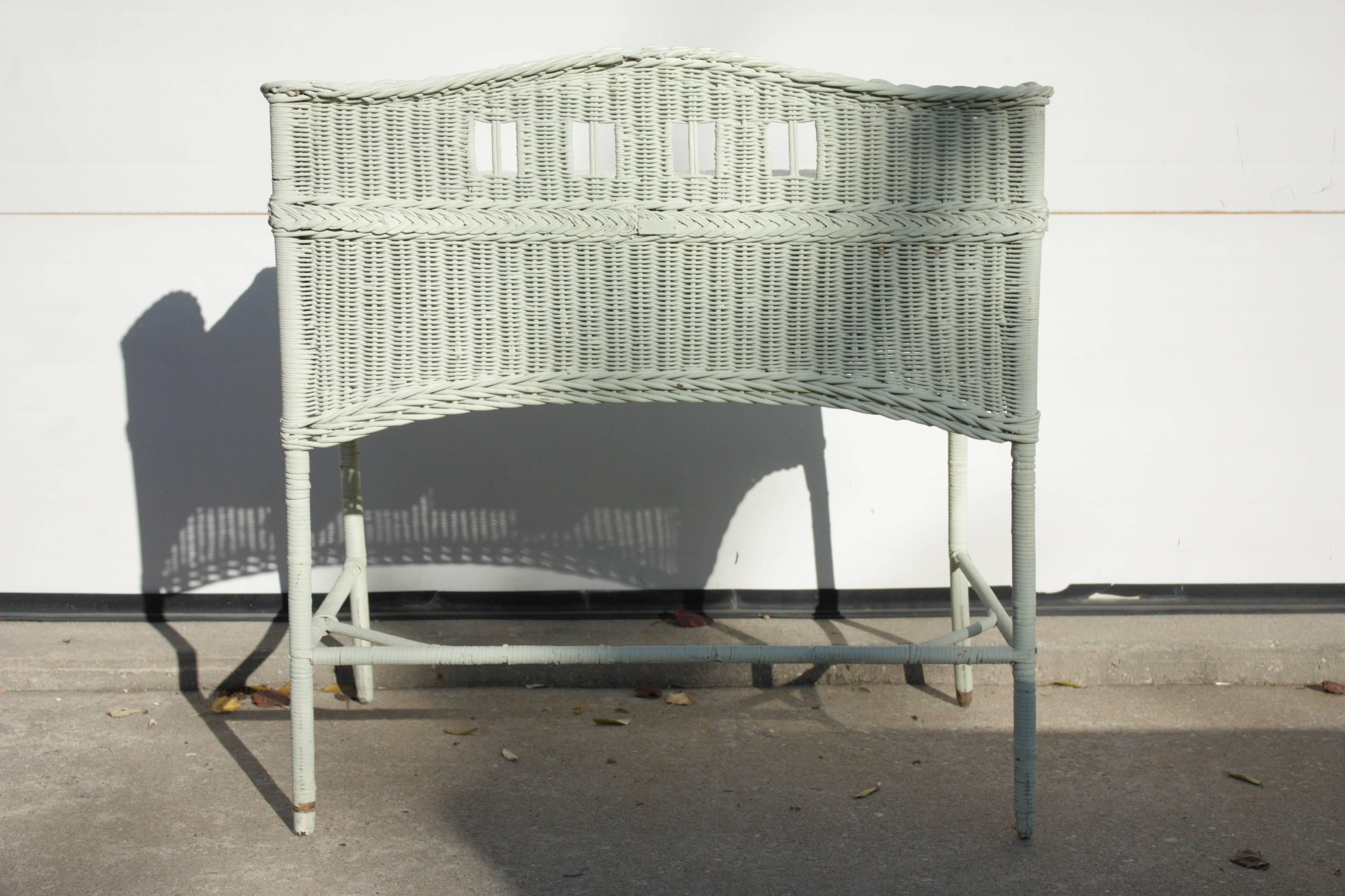 1930s English Seafoam Mint Two-Drawer Bent Leg Wicker Desk with Backsplash 3