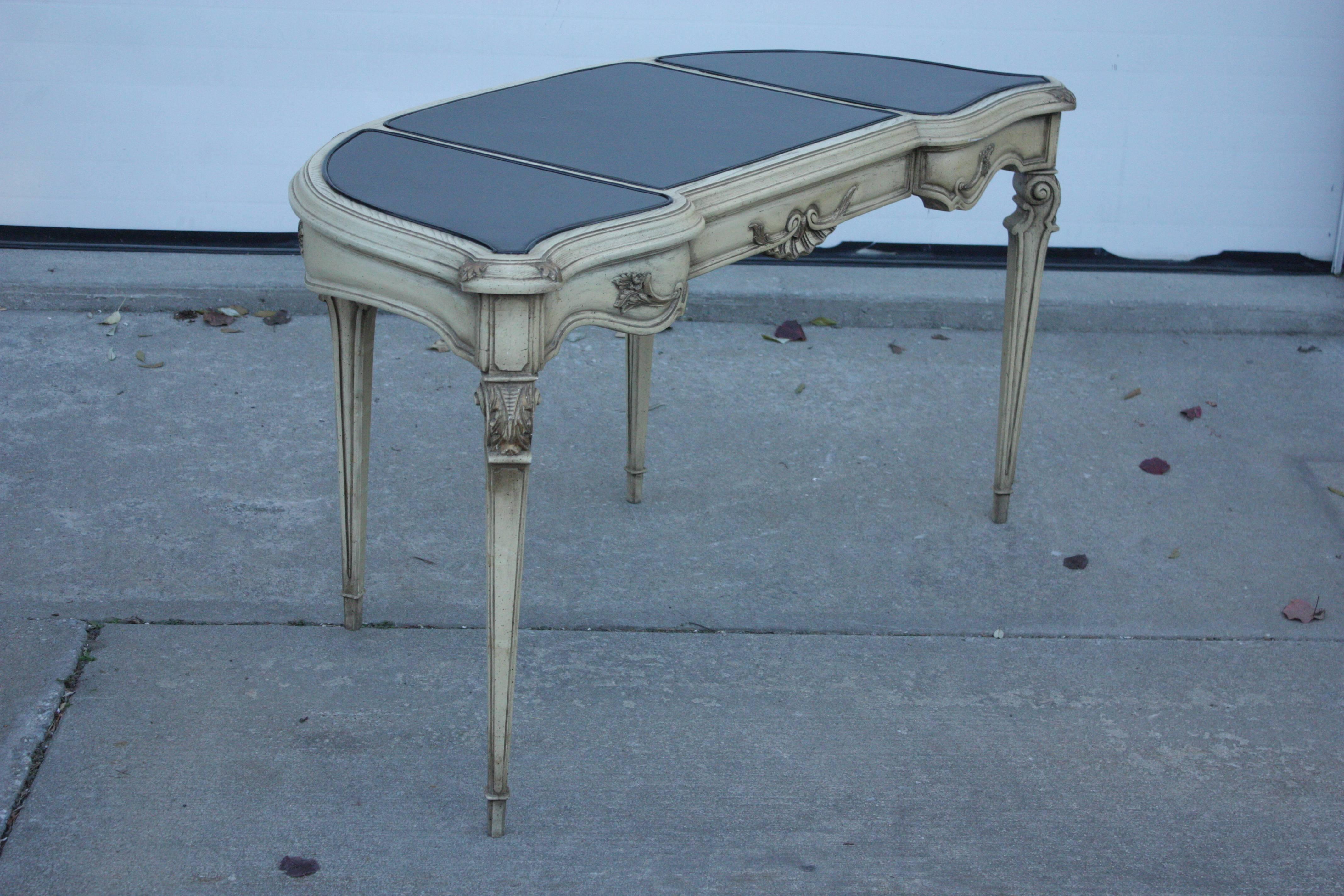 Mid-20th Century 1930s French Demilune Hidden Drawer Deconstructed Black Leather Writing Table