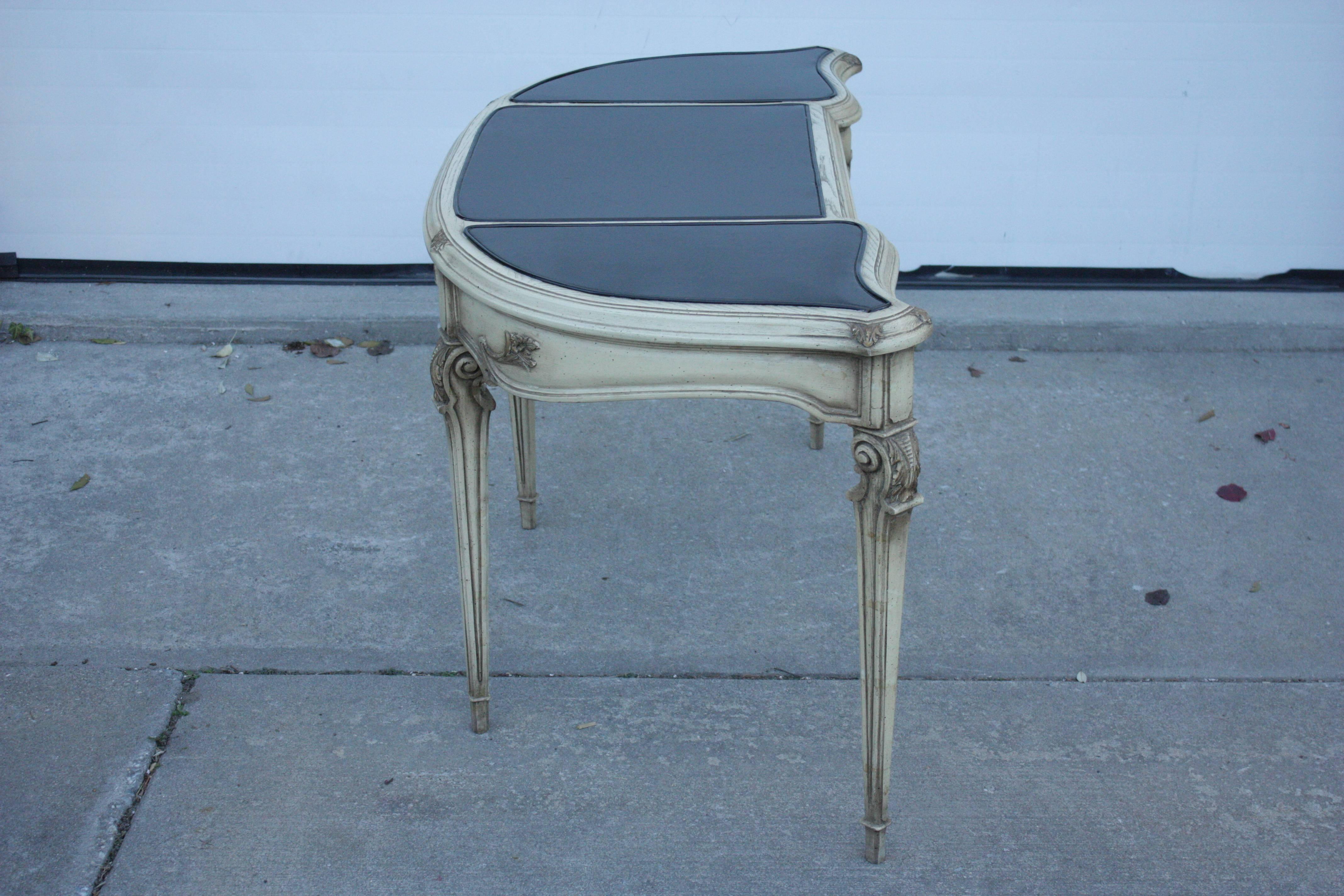 1930s French Demilune Hidden Drawer Deconstructed Black Leather Writing Table 1