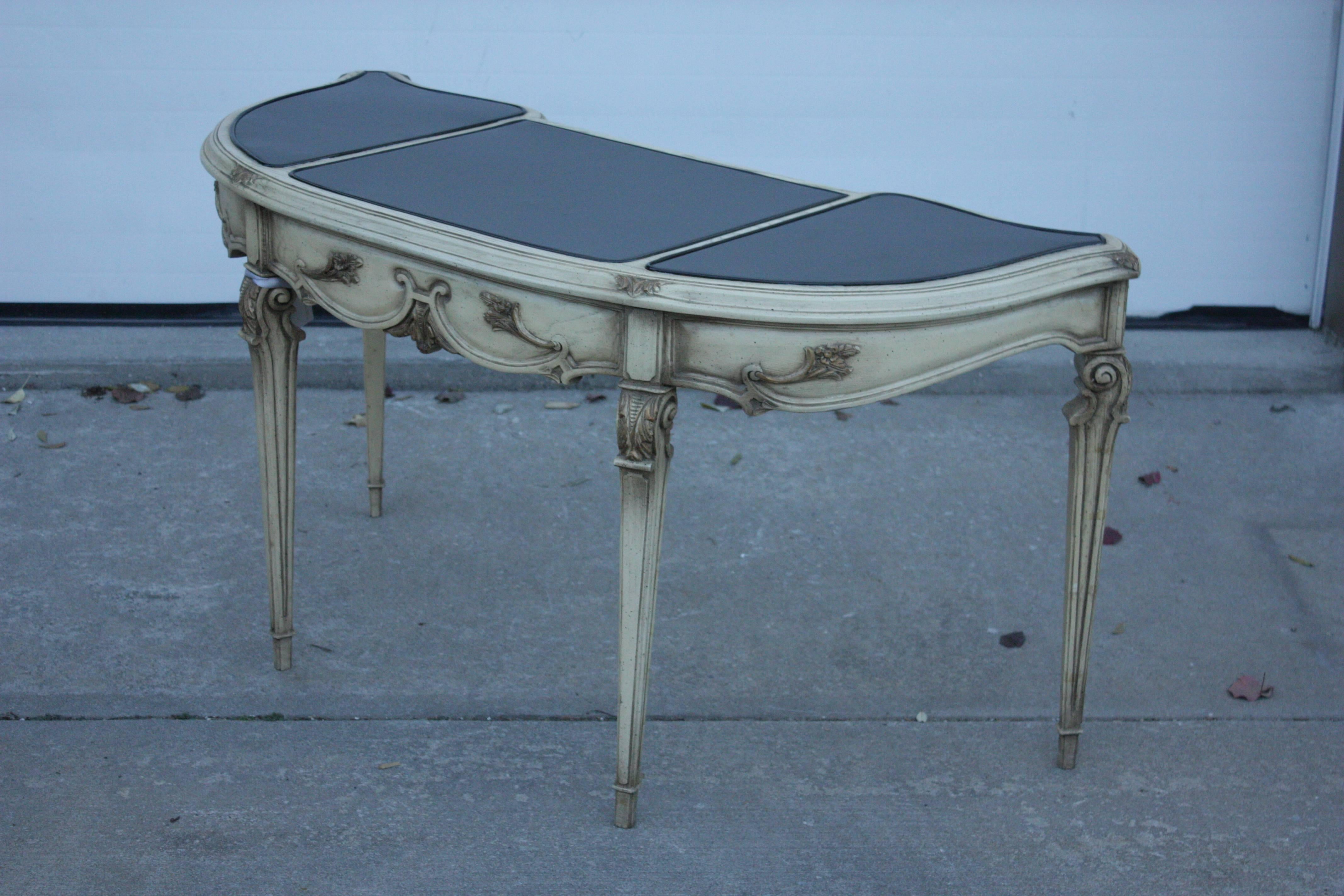 1930s French Demilune Hidden Drawer Deconstructed Black Leather Writing Table In Excellent Condition In Southampton, NY