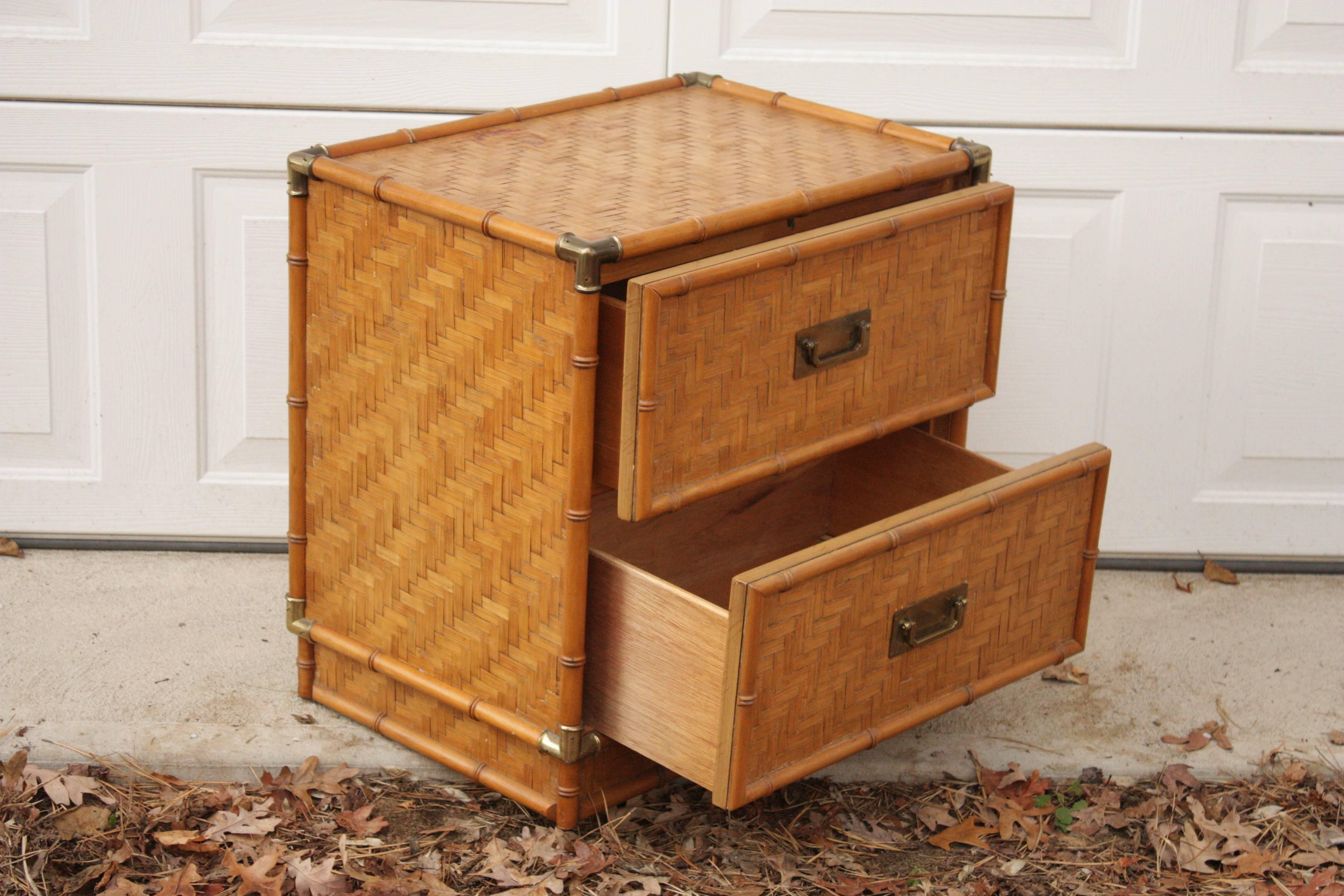 1950 Rattan Wrapped Bamboo Brass Framed Two-Drawer Geometric Nightstands 1