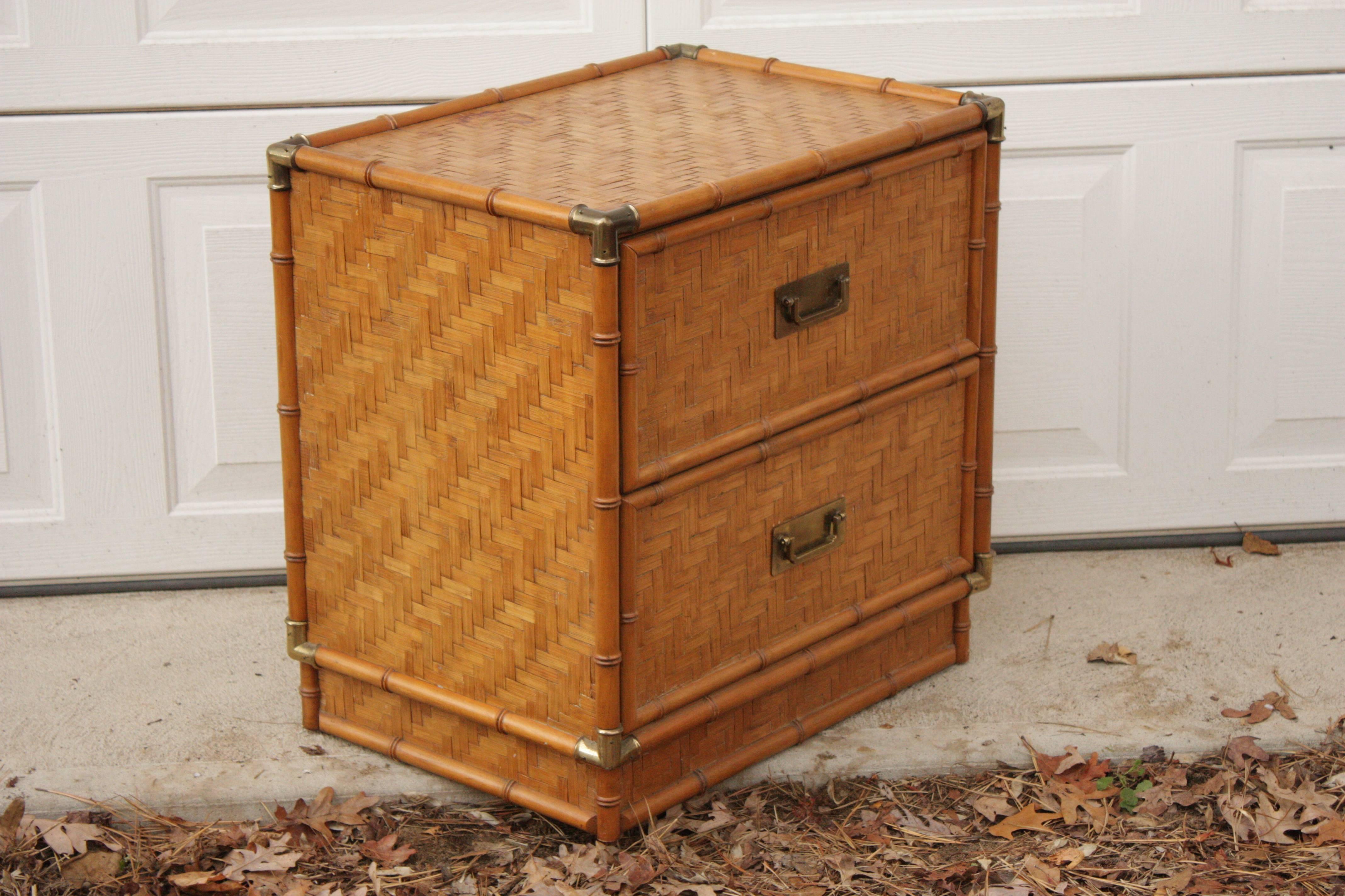 1950 Rattan Wrapped Bamboo Brass Framed Two-Drawer Geometric Nightstands 3