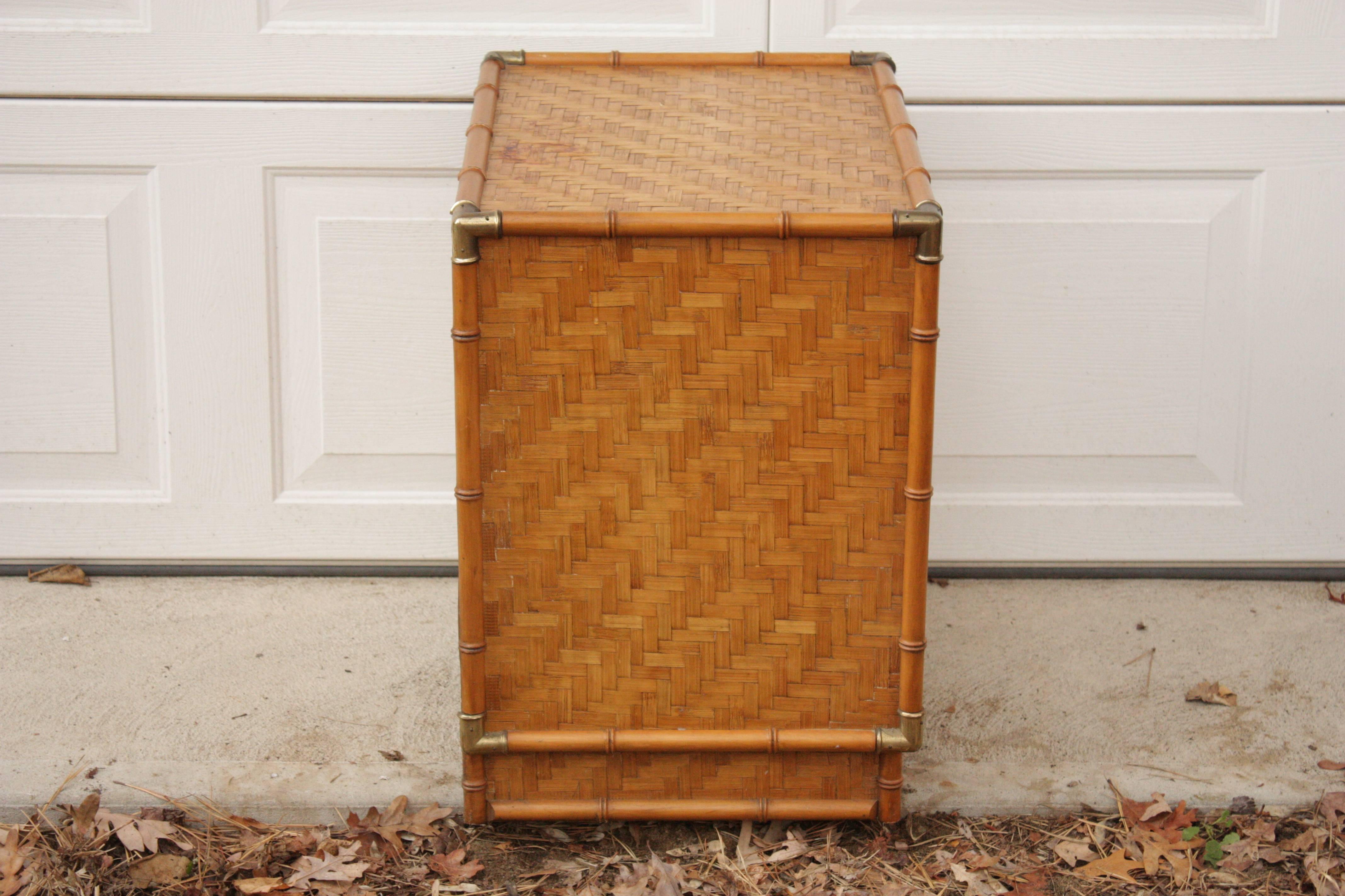 English 1950 Rattan Wrapped Bamboo Brass Framed Two-Drawer Geometric Nightstands