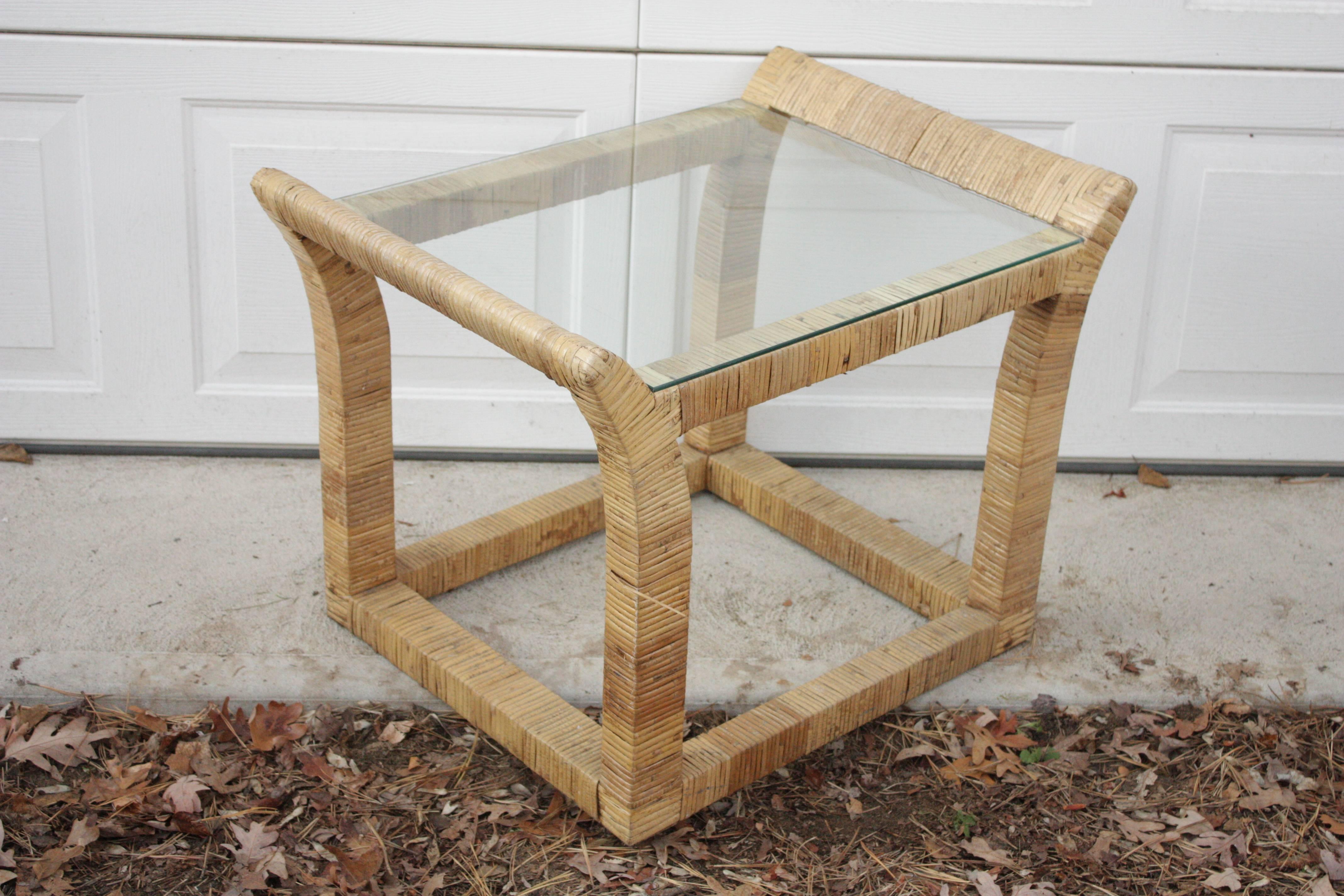 Mid-20th Century Pair of Rattan Wrapped Glass Top Side Tables, Bahama Style For Sale