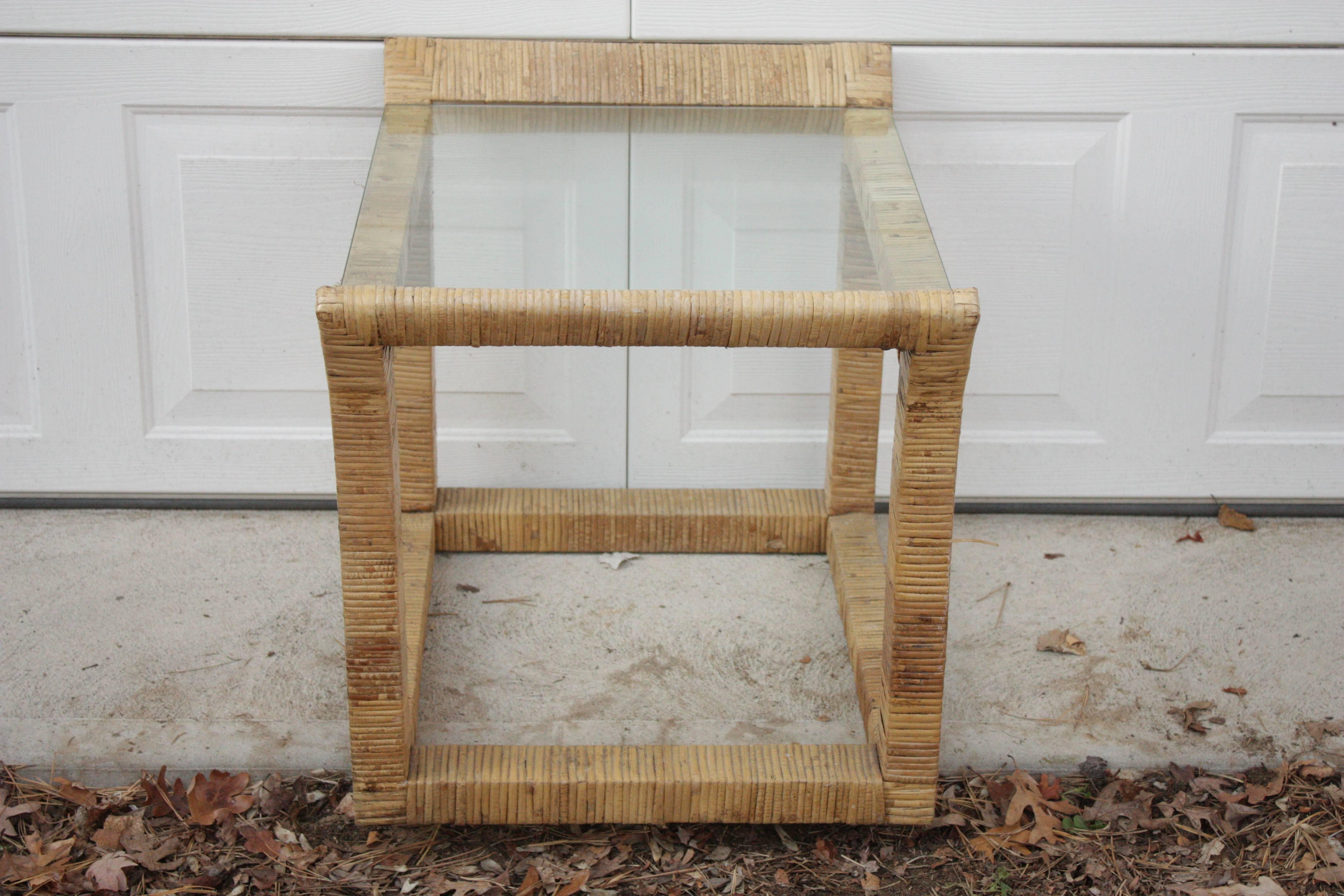 Pair of Rattan Wrapped Glass Top Side Tables, Bahama Style In Excellent Condition For Sale In Southampton, NY