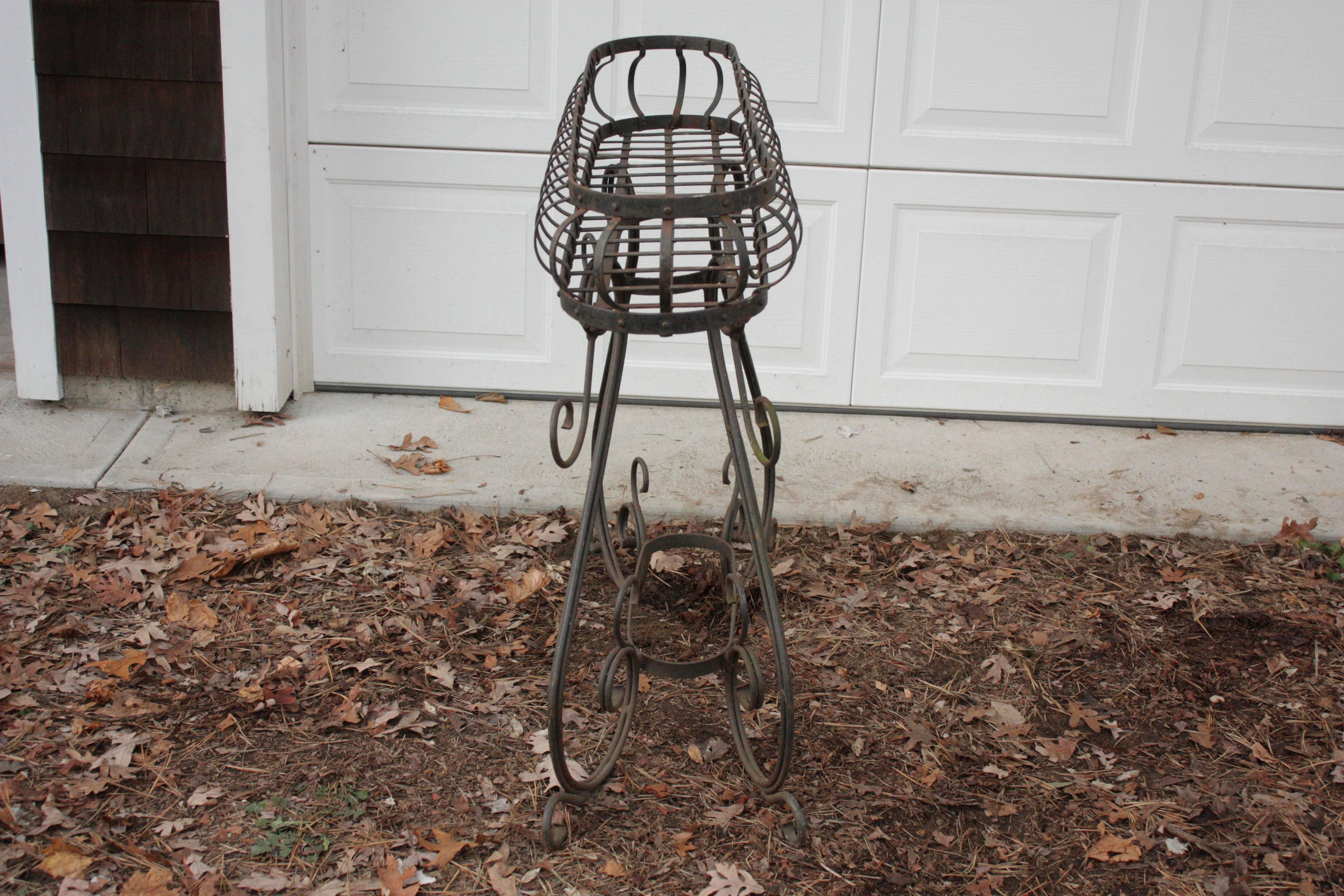 Antique French 1900s Elevated Wireframe Cast Iron Planter Tall Plant Stand 5