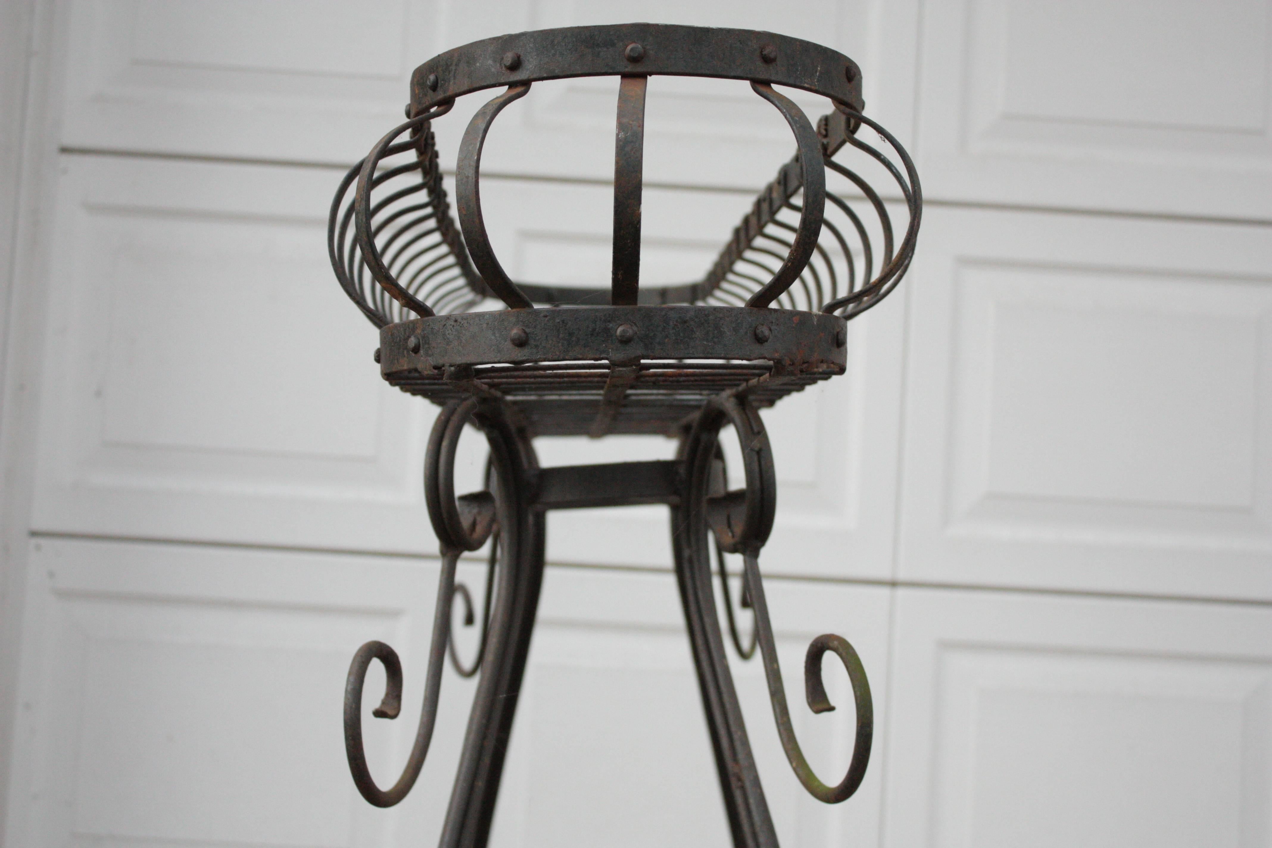 Stunning Antique elevated cast iron wire frame indoor/outdoor plater or plant stand with curled legs, feet and adornments.  Main planter is crafted in a post and lintel style.  Round iron inserts add strength, design composition, symmetry with  main