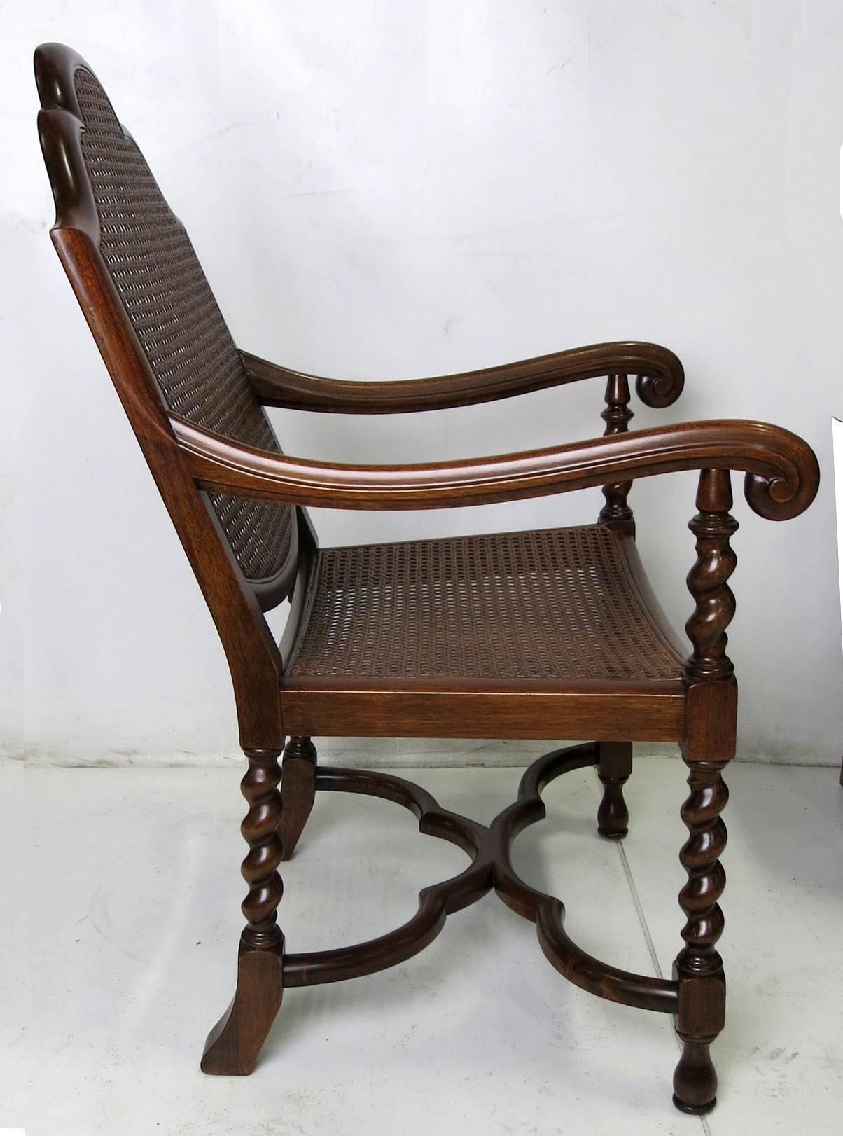 Italian Exquisite Early 20th Century Mahogany and Cane Baroque Armchair