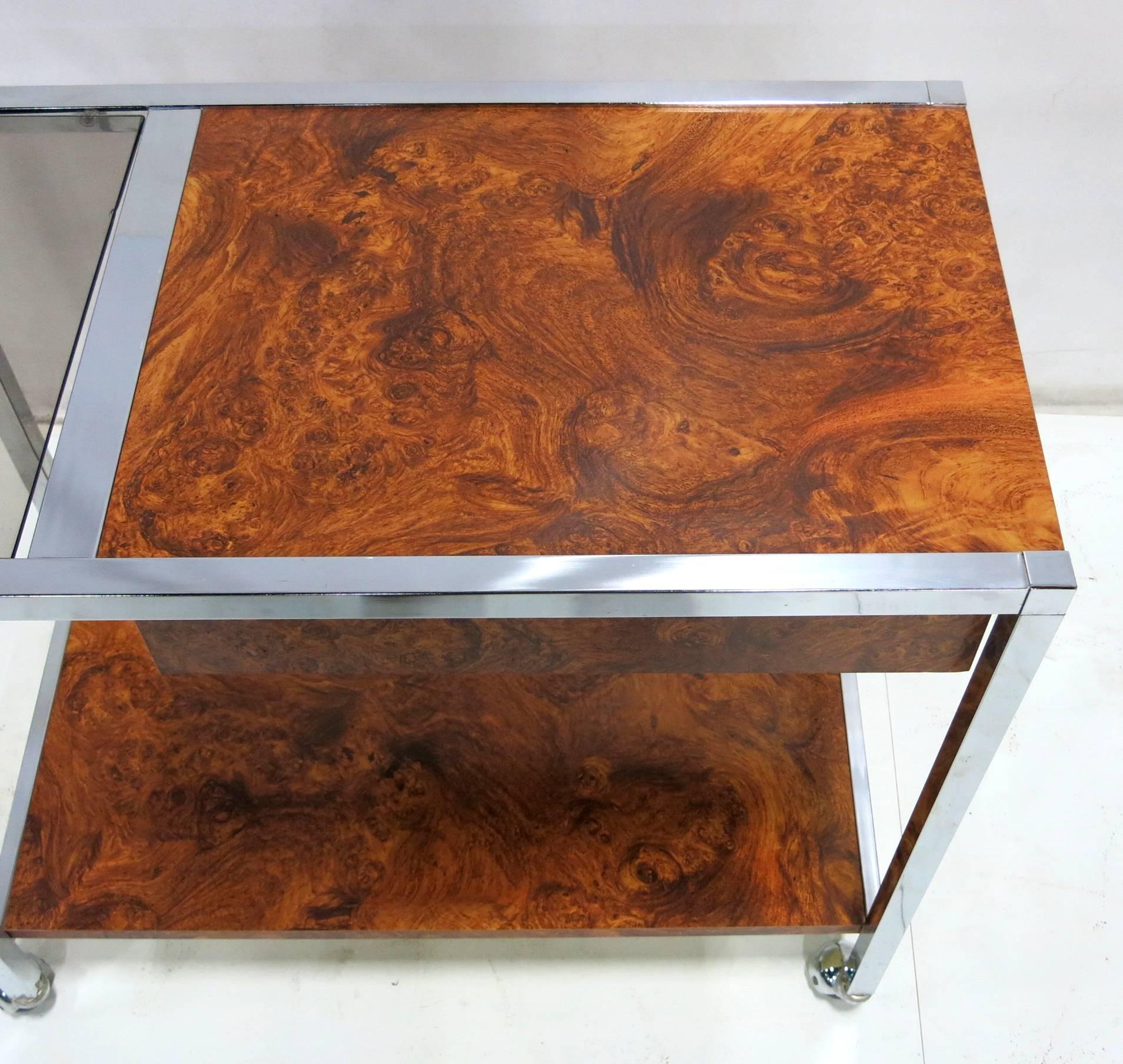 American Chrome and Burl Laminate Bar Cart in the Style of Milo Baughman