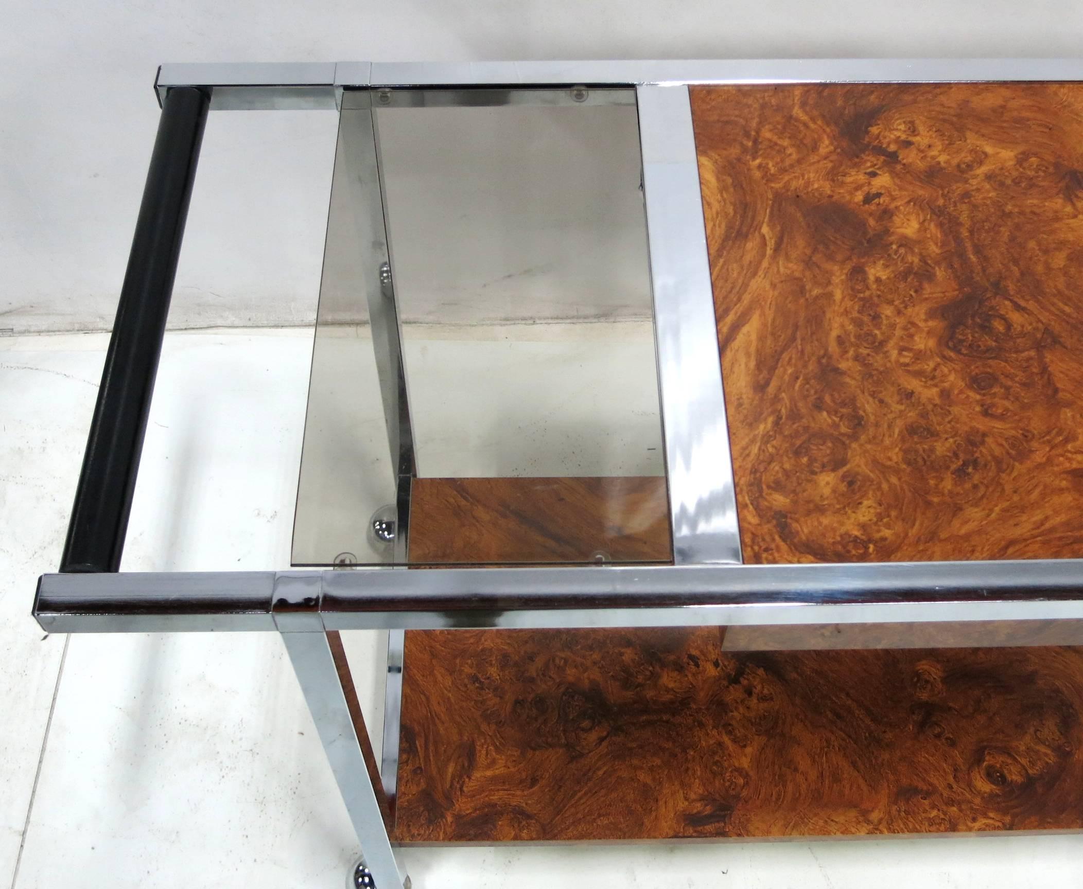 Late 20th Century Chrome and Burl Laminate Bar Cart in the Style of Milo Baughman