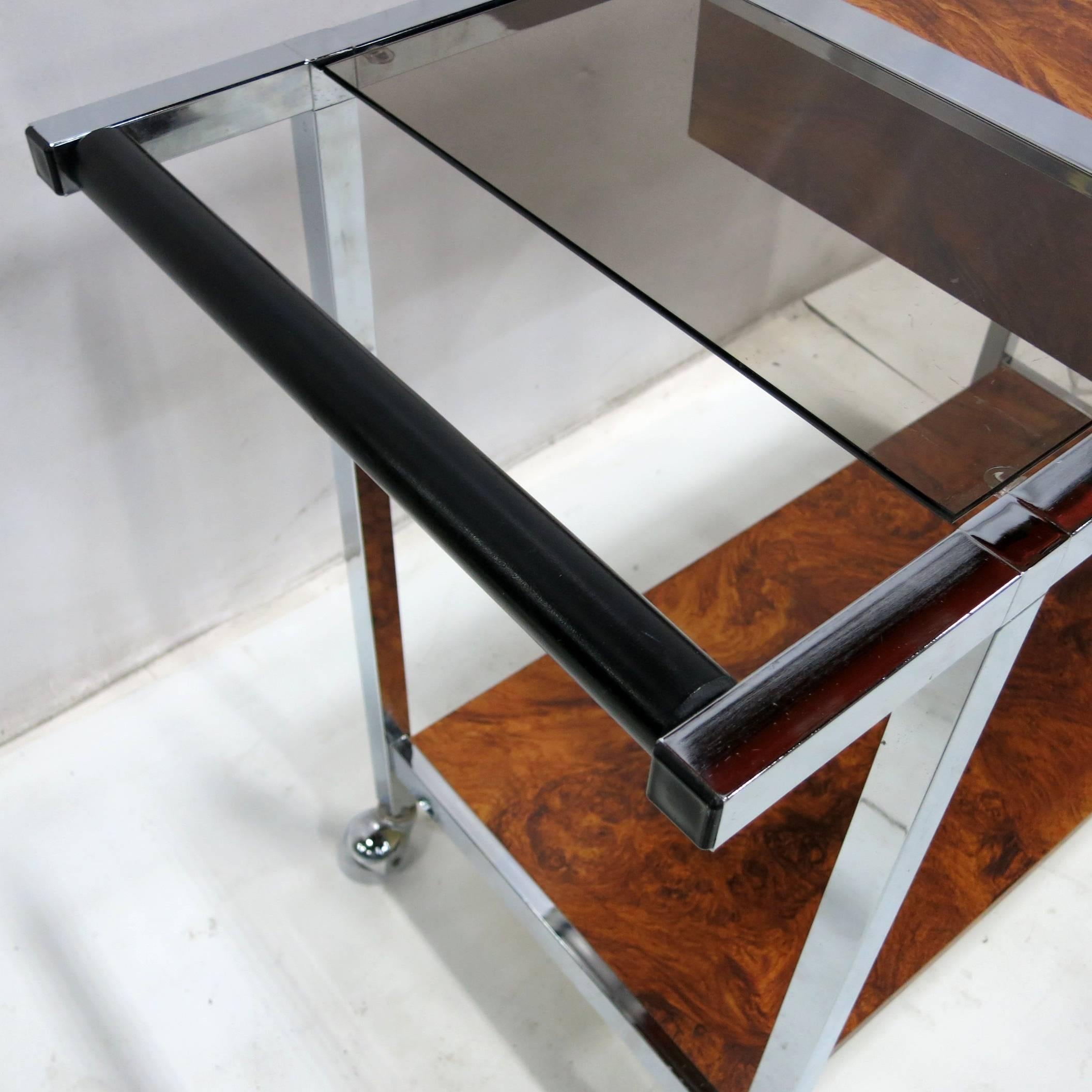 Mid-Century Modern Chrome and Burl Laminate Bar Cart in the Style of Milo Baughman