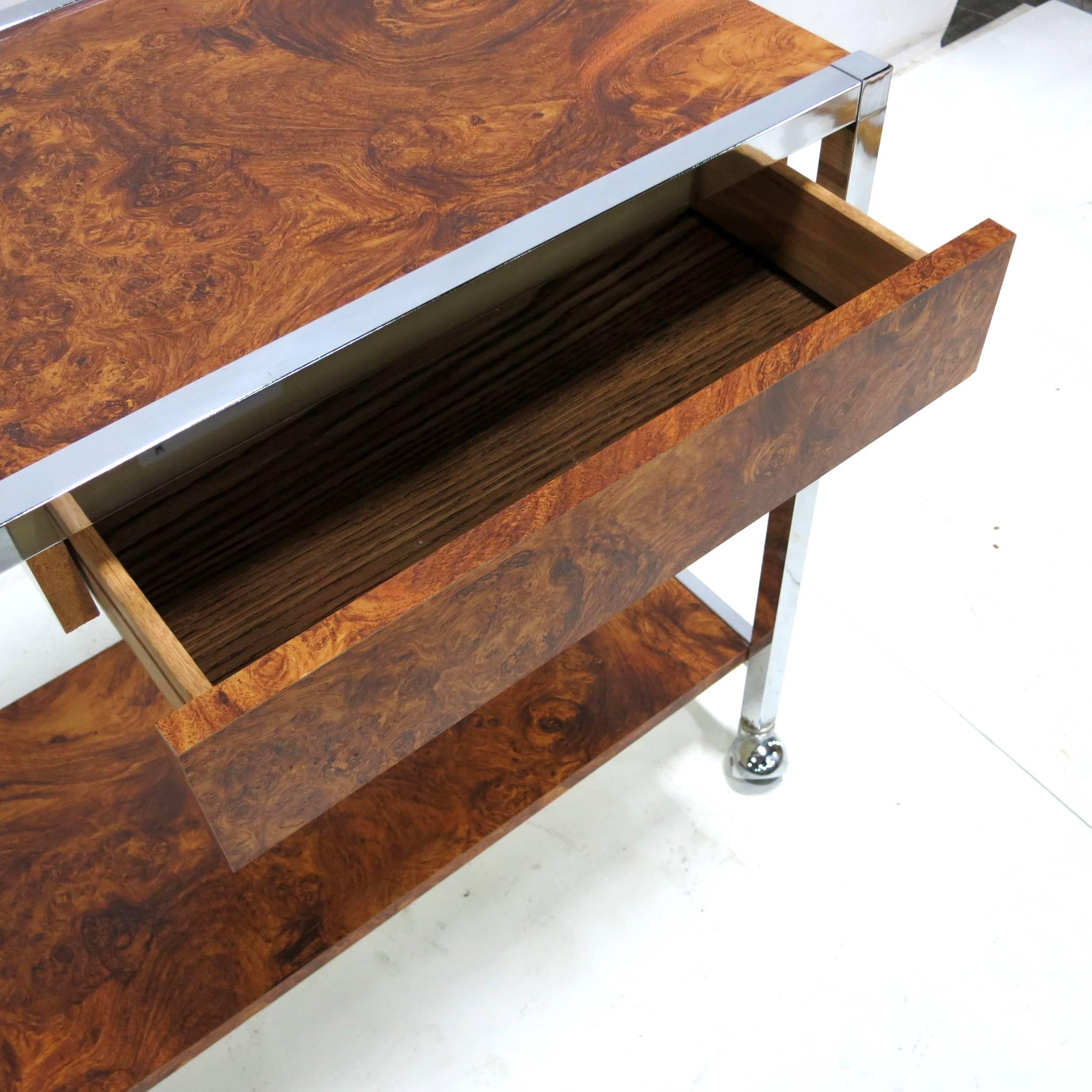Chrome and Burl Laminate Bar Cart in the Style of Milo Baughman 1